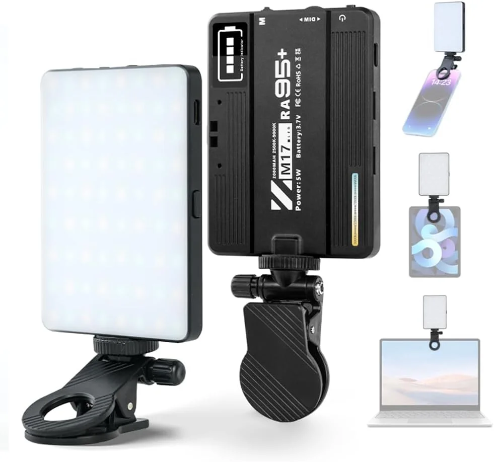 نور ویدئویی LED جیبی Fawoonu، نور پرکننده عکاسی 2500K-9000K با قابلیت تنظیم نور برای کنفرانس ویدئویی، مناسب برای کامپیوتر، تبلت، تلفن همراه، دوربین DSLR، دارای باتری داخلی به همراه هولدر تلفن، گیره صفحه نمایش و مانت کفشک سرد