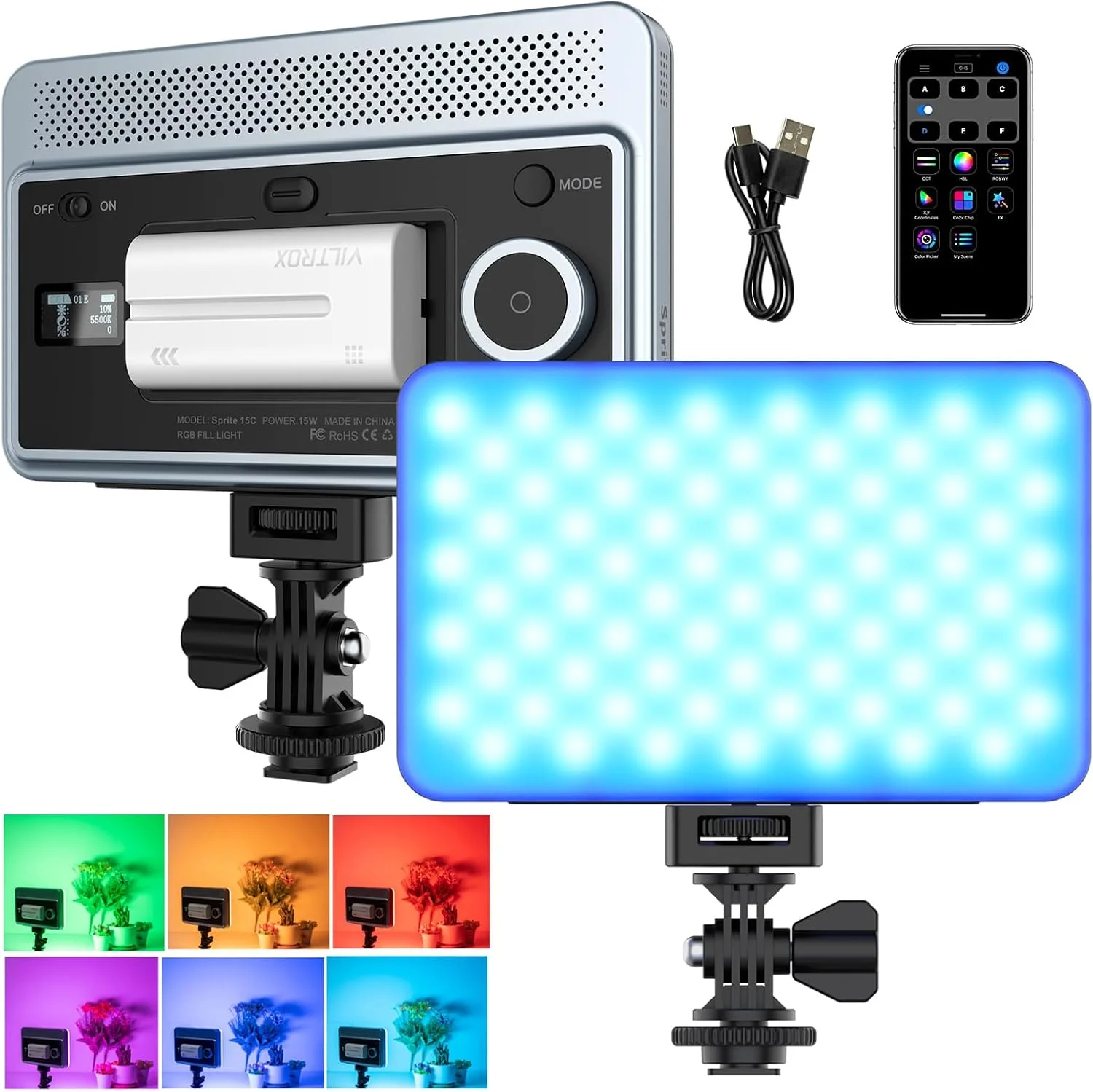 نور ال ای دی پرکننده RGB مدل Fawoonu Sprite 15C، مناسب عکاسی و فیلمبرداری، پنل نور ال ای دی روی دوربین 15 وات، 2800K-6800K با قابلیت تنظیم نور، دارای 26 جلوه نوری FX، کنترل از راه دور با اپلیکیشن، به همراه باتری و آداپتور کفشک سرد برای ولاگ