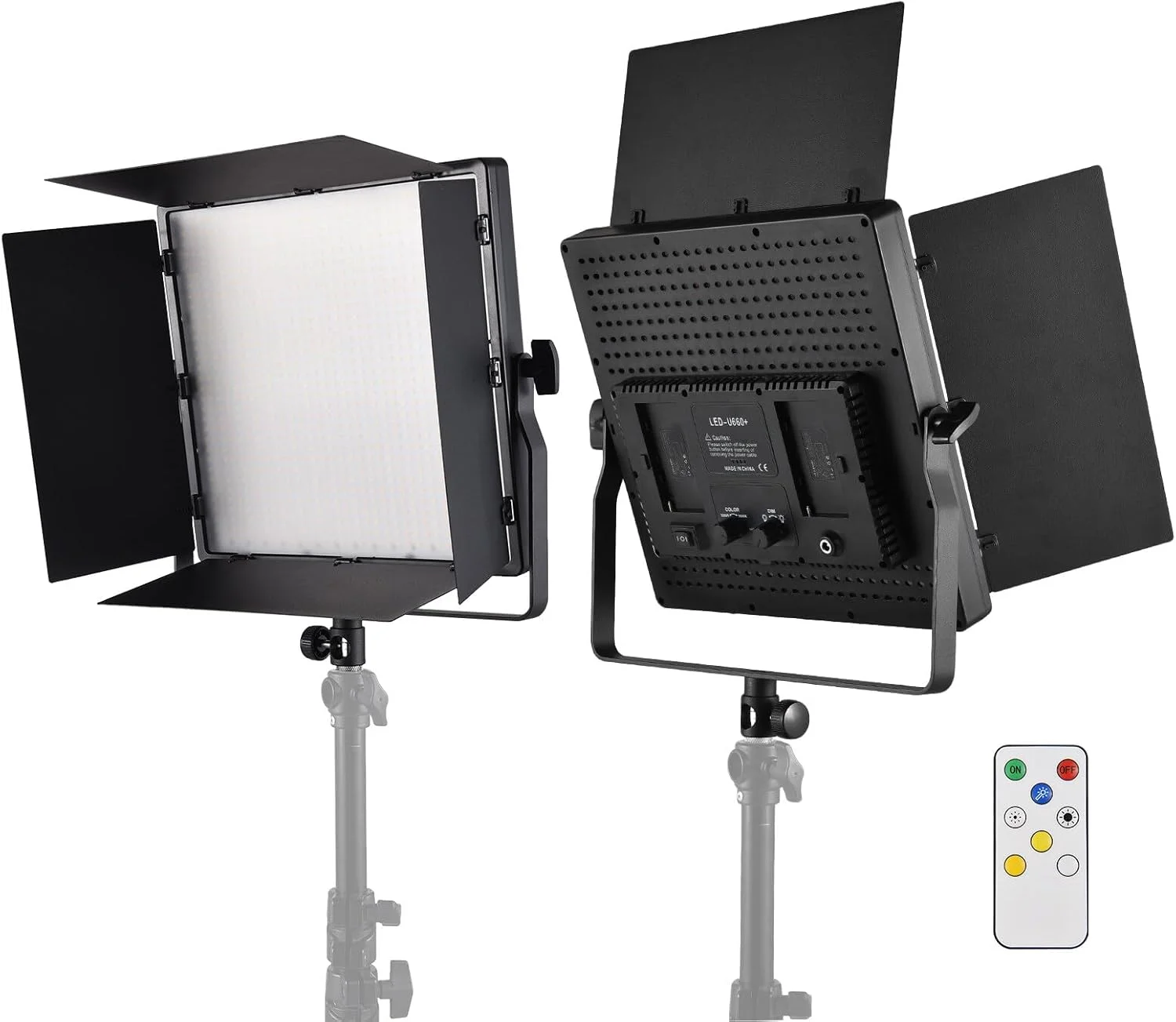 پنل نور LED دو رنگ Fawoonu 60W مناسب عکاسی، دارای 1024 مهره LED با دمای رنگی قابل تنظیم 3200K-5600K، تغذیه با باتری سری DCNP به همراه درهای فلزی و کنترل از راه دور