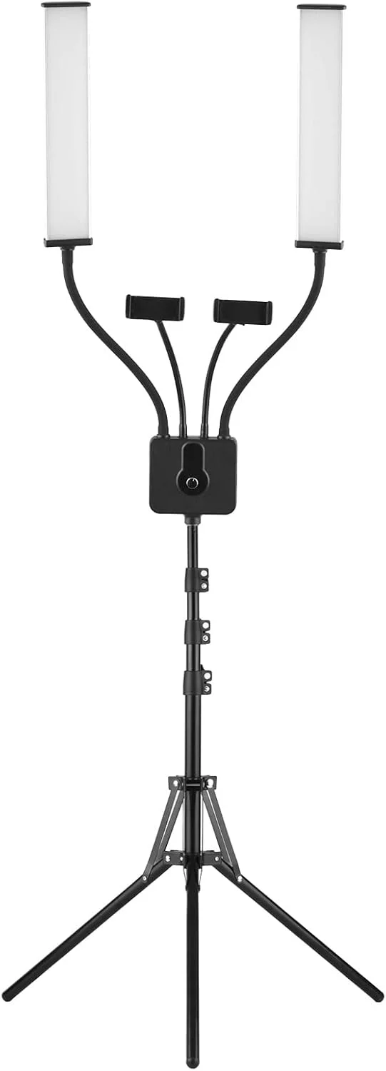 نور ویدئویی LED دو بازویی انعطاف پذیر، نور پرکننده عکاسی 3200K-5600K با قابلیت تنظیم نور به همراه 2 عدد نگهدارنده تلفن انعطاف پذیر و پایه نور فلزی 1.6 متری برای پخش زنده، ولاگ، پرتره عروسی و محصول