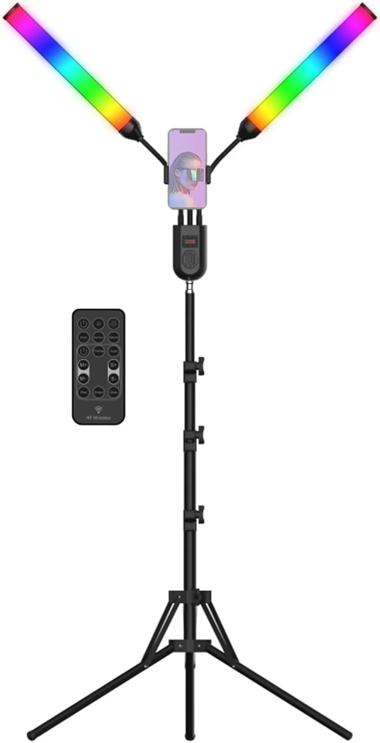 نور ویدئویی RGB انعطاف پذیر با 2 بازو 36 وات LED عکاسی با ریتم دریافت صدا 2700K 4500K 6500K با قابلیت تنظیم نور کنترل از راه دور نگهدارنده تلفن پایه فلزی 1.6 متری برای پخش زنده و ولاگ