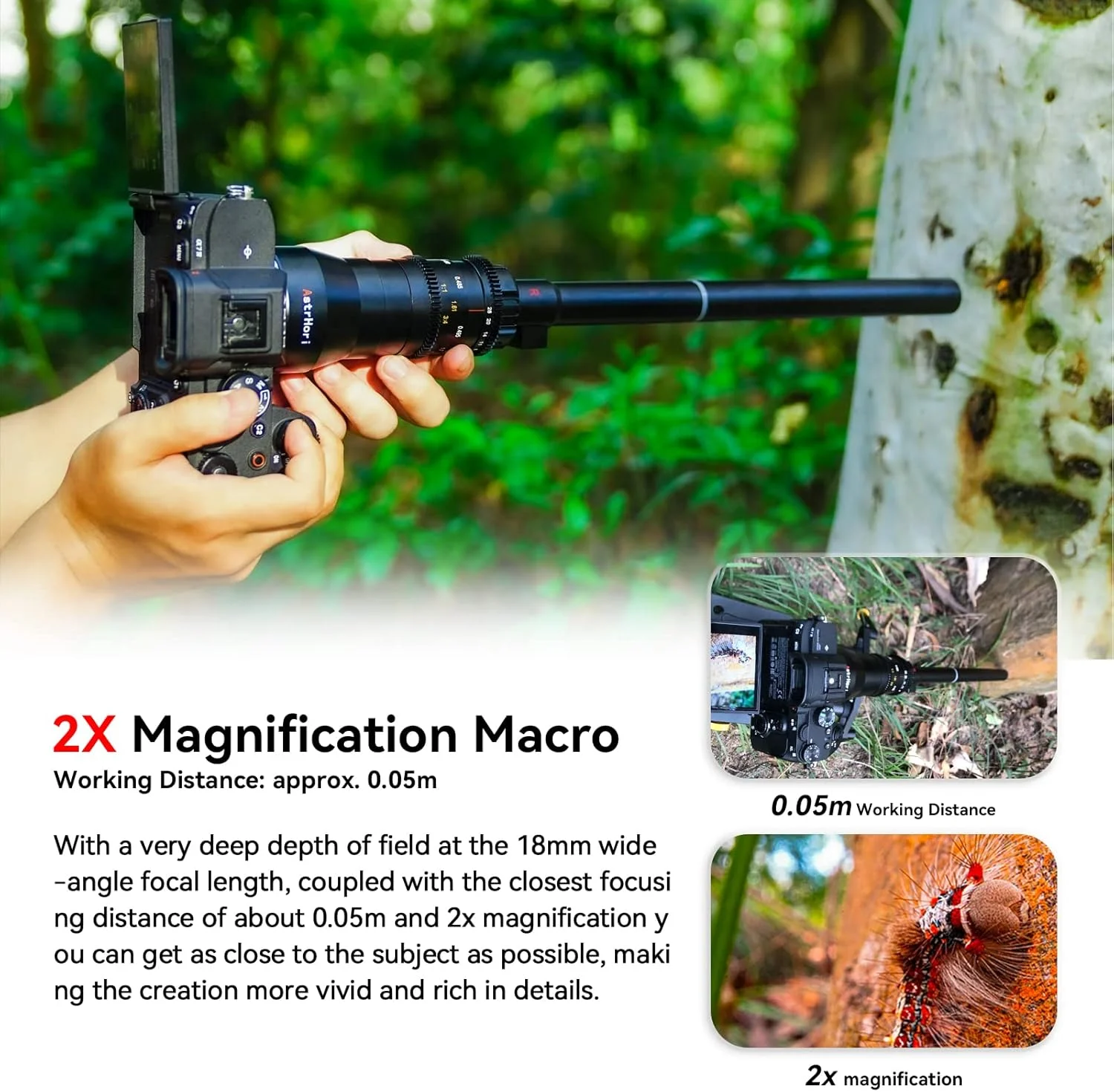 لنز پروب ماکرو زاویه باز 18 میلی‌متری F8 APS-C آسترهوری با نور حلقوی داخلی برای دوربین‌های بدون آینه سری Canon RF مانت EOS R, RP, R5, R6, R7, R10, R8 و غیره (مشکی)