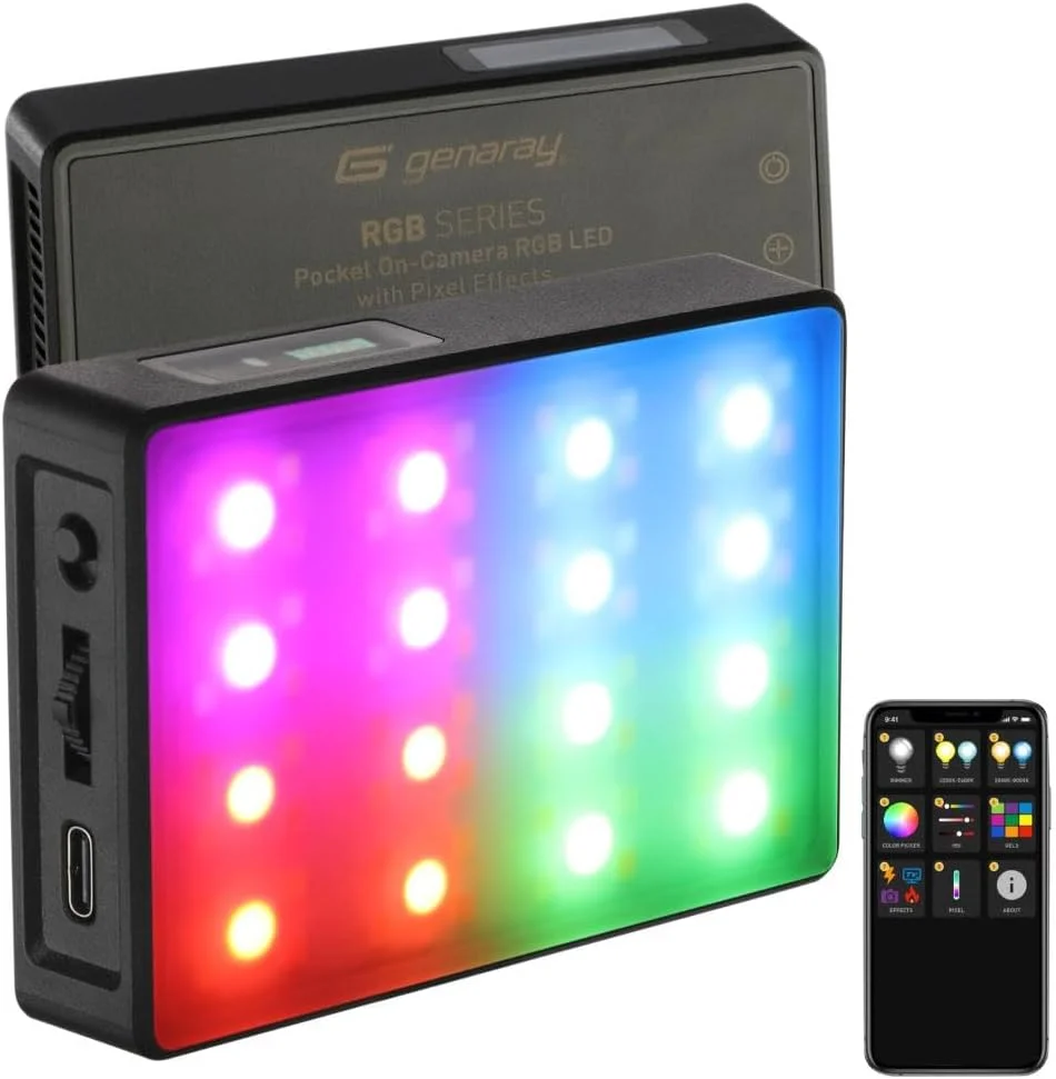 پنل نور ویدئویی جیبی RGB جنری | 3.7 VDC، باتری لیتیوم یونی قابل شارژ 2500mAh | CRI و TCLI بالا | کنترل نورهای LED RGB | محدوده CCT 2800 تا 8000K | طراحی شده برای تولیدکنندگان محتوا و ولاگرها
