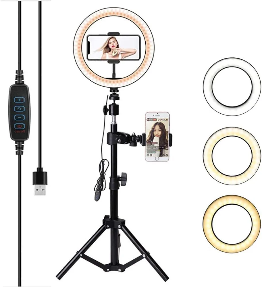 حلقه نور ال ای دی GMRZ سایز 10 اینچ، چراغ زیبایی، کیت نورپردازی عکاسی با قابلیت تنظیم روشنایی برای سلفی، آرایش، پخش زنده و نور تکمیلی ویدیوهای یوتیوب
