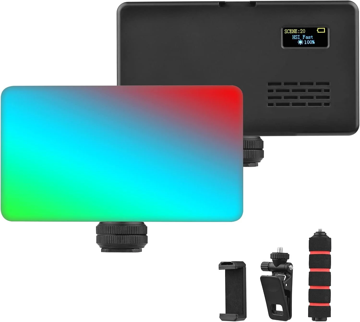 کیت نور ویدئویی جیبی RGB پپیسکی، نور پرکننده LED با دمای رنگی 2500K-9000K، با قابلیت تنظیم نور، 20 جلوه نوری، باتری داخلی به همراه آداپتور نصب کفشک سرد، سه پایه رومیزی کوچک، هولدر گوشی و گیره کامپیوتر برای ولاگ و سلفی