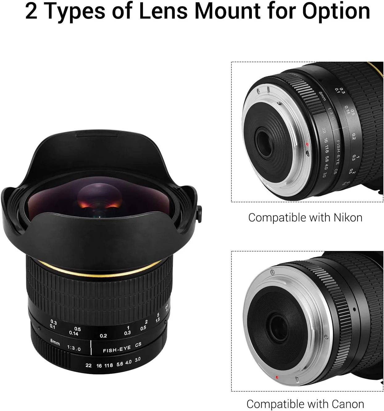 لنز دوربین، لنز چشم ماهی 8 میلی متری f3.0 APS-C با فوکوس دستی و زاویه فوق عریض سازگار با دوربین APS-C