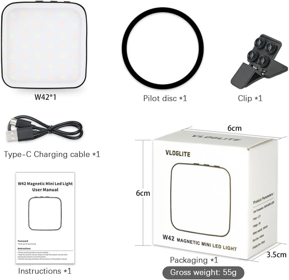 نور سلفی دو رنگ Pepisky 2W، چراغ LED جیبی با دمای رنگی 2500K-8500K و قابلیت تنظیم نور، دارای 42 مهره LED و باتری داخلی 300mAh به همراه حلقه فلزی، گیره مکنده سازگار با