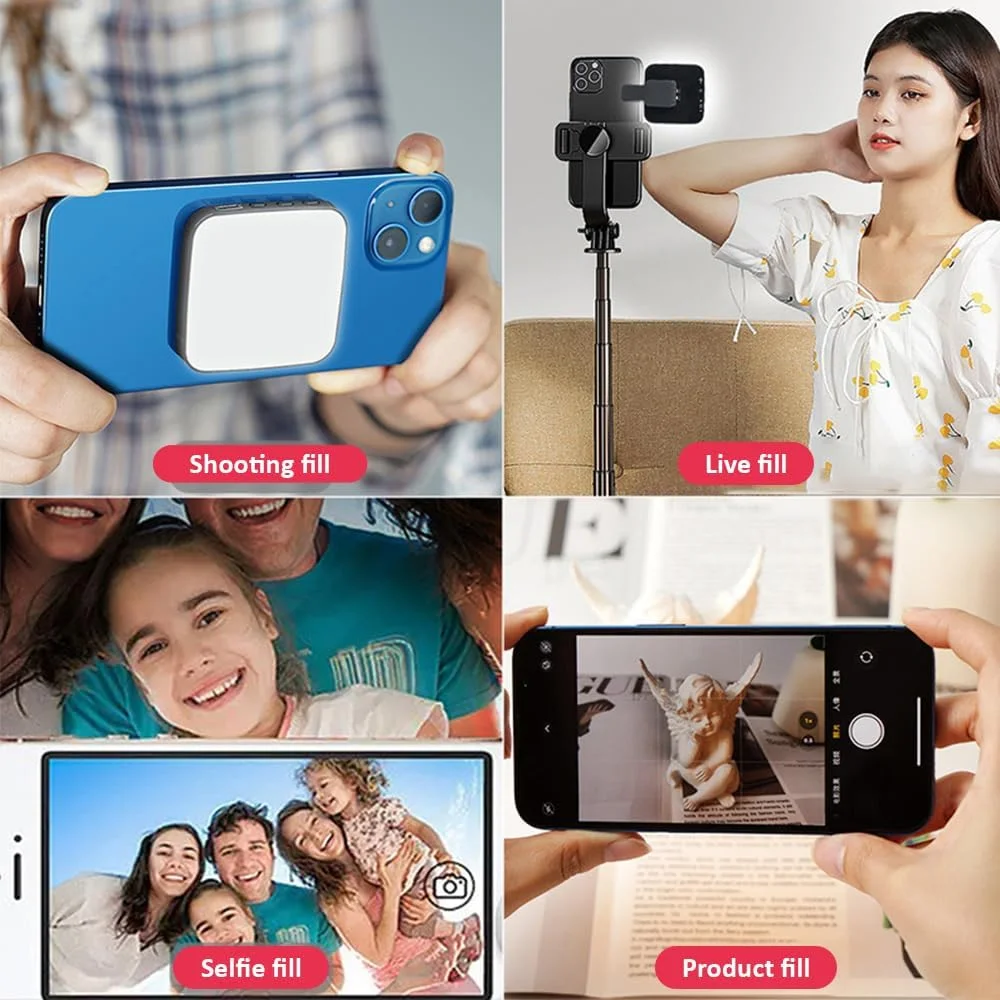 نور سلفی دو رنگ Pepisky 2W، چراغ LED جیبی با دمای رنگی 2500K-8500K و قابلیت تنظیم نور، دارای 42 مهره LED و باتری داخلی 300mAh به همراه حلقه فلزی، گیره مکنده سازگار با