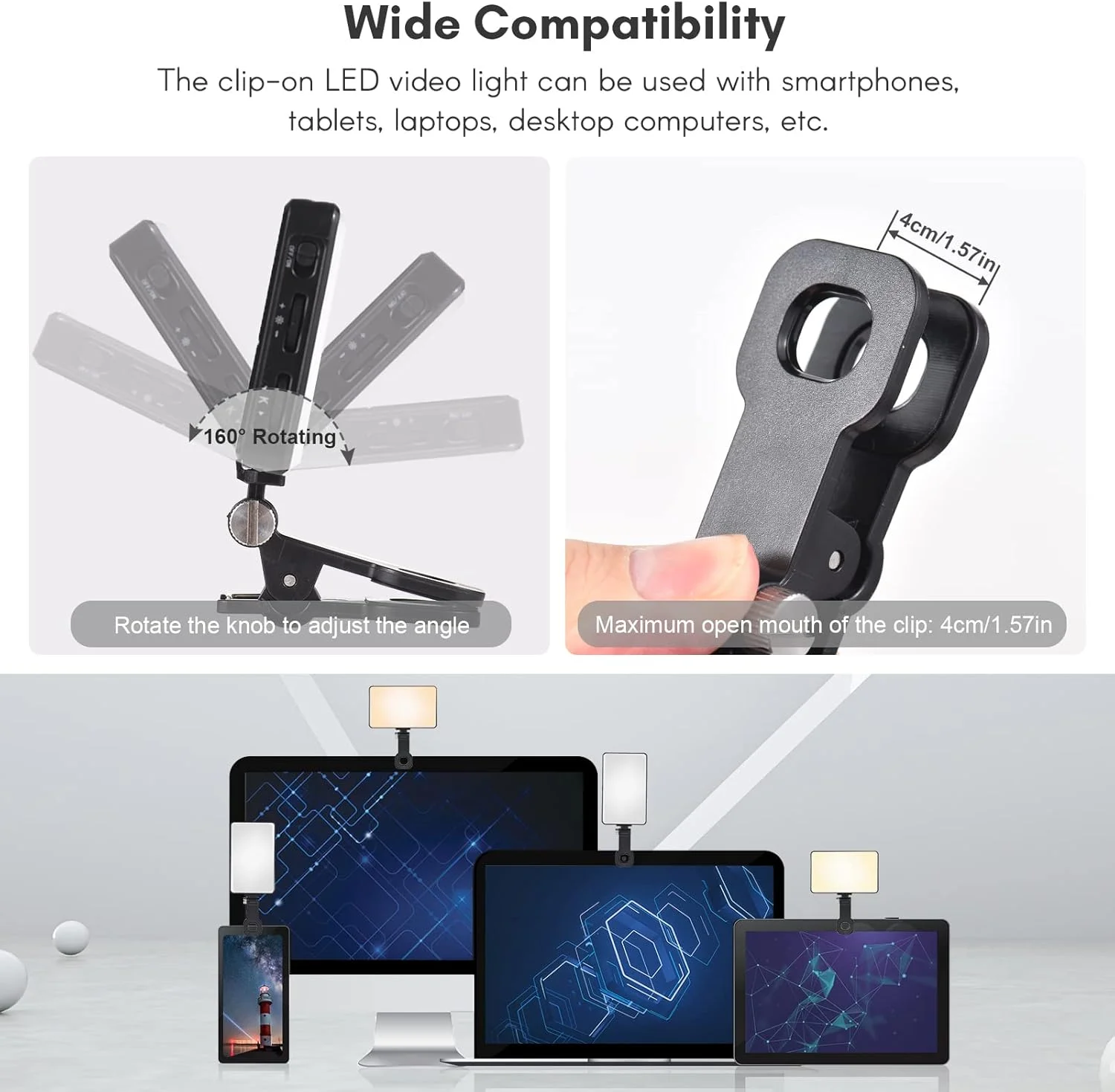 نور ویدئویی LED جیبی Pepisky با گیره صفحه نمایش، مناسب برای کامپیوتر، تبلت و تلفن همراه، نور گیره ای کنفرانس ویدئویی، نور پرکننده 2500K-9000K با قابلیت تنظیم نور و باتری داخلی برای جلسات آنلاین، پخش زنده و سلفی
