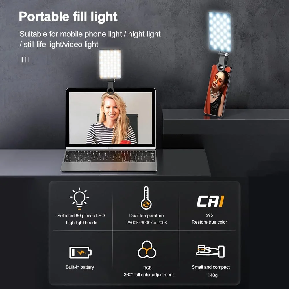 چراغ عکاسی 5 وات Pepisky، چراغ LED دو رنگ جیبی برای وبلاگ، دمای رنگ 2500K-9000K قابل تنظیم با صفحه نمایش LCD، دارای 60 مهره LED، سوراخ های رزوه ای 1/4 اینچی، باتری داخلی 2000mAh برای پخش زنده در خانه