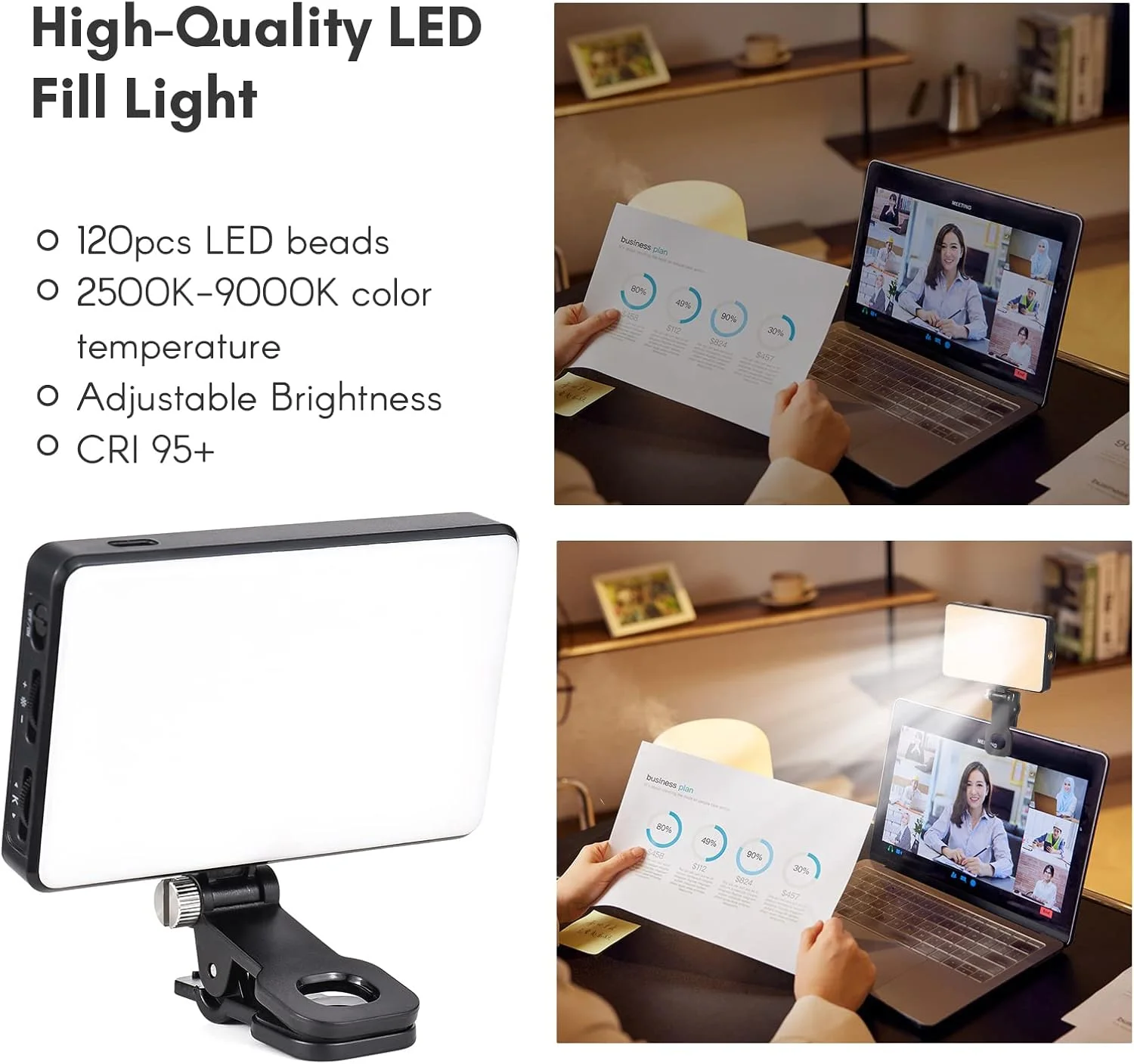 نور ویدئویی LED جیبی Pepisky با گیره صفحه نمایش، مناسب برای کامپیوتر، تبلت، تلفن همراه، کنفرانس ویدئویی، نور پرکننده گیره ای 2500K-9000K با قابلیت تنظیم نور و باتری داخلی برای جلسات آنلاین، پخش زنده و سلفی