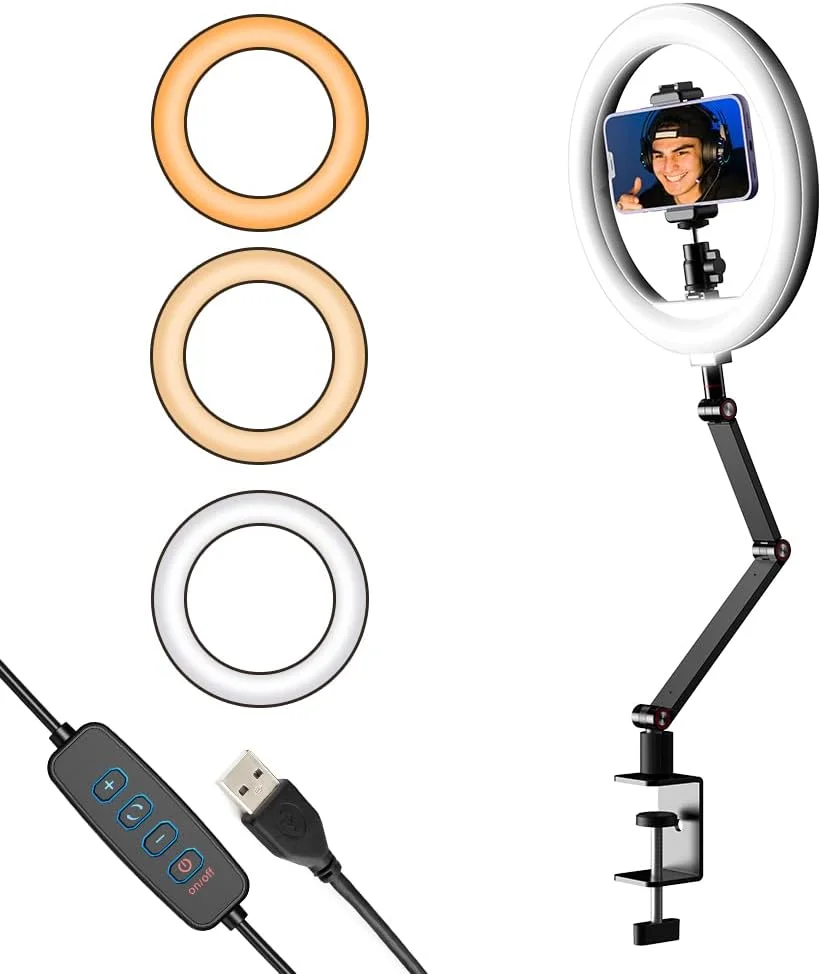 نور حلقه ای LED رومیزی 10 اینچی Pepisky، نور ویدئویی USB، نور پرکننده عکاسی 2700K-5500K، روشنایی 10 سطحی با پایه نور گیره ای تاشو، نگهدارنده تلفن و سر توپی برای پخش زنده، آرایش و ویدئو