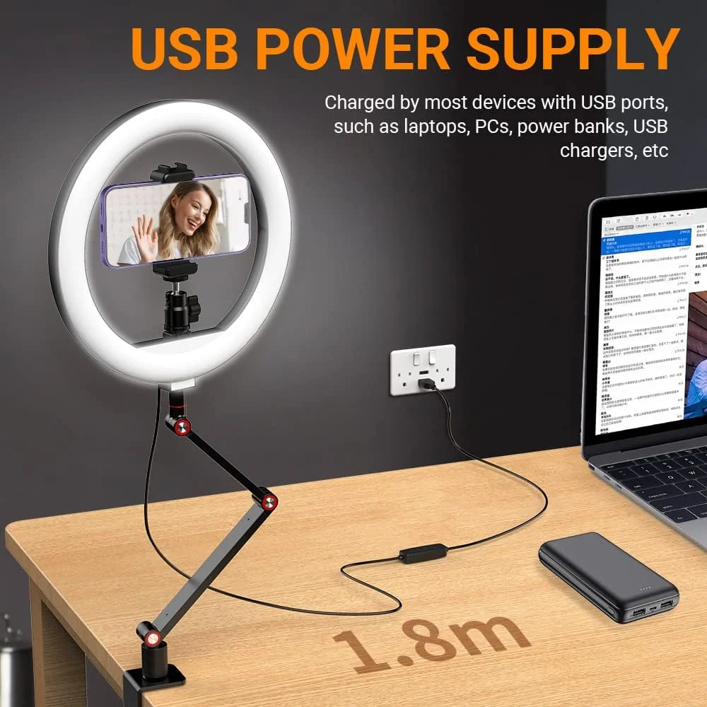 نور حلقه ای LED رومیزی 10 اینچی Pepisky، نور ویدئویی USB، نور پرکننده عکاسی 2700K-5500K، روشنایی 10 سطحی با پایه نور گیره ای تاشو، نگهدارنده تلفن و سر توپی برای پخش زنده، آرایش و ویدئو