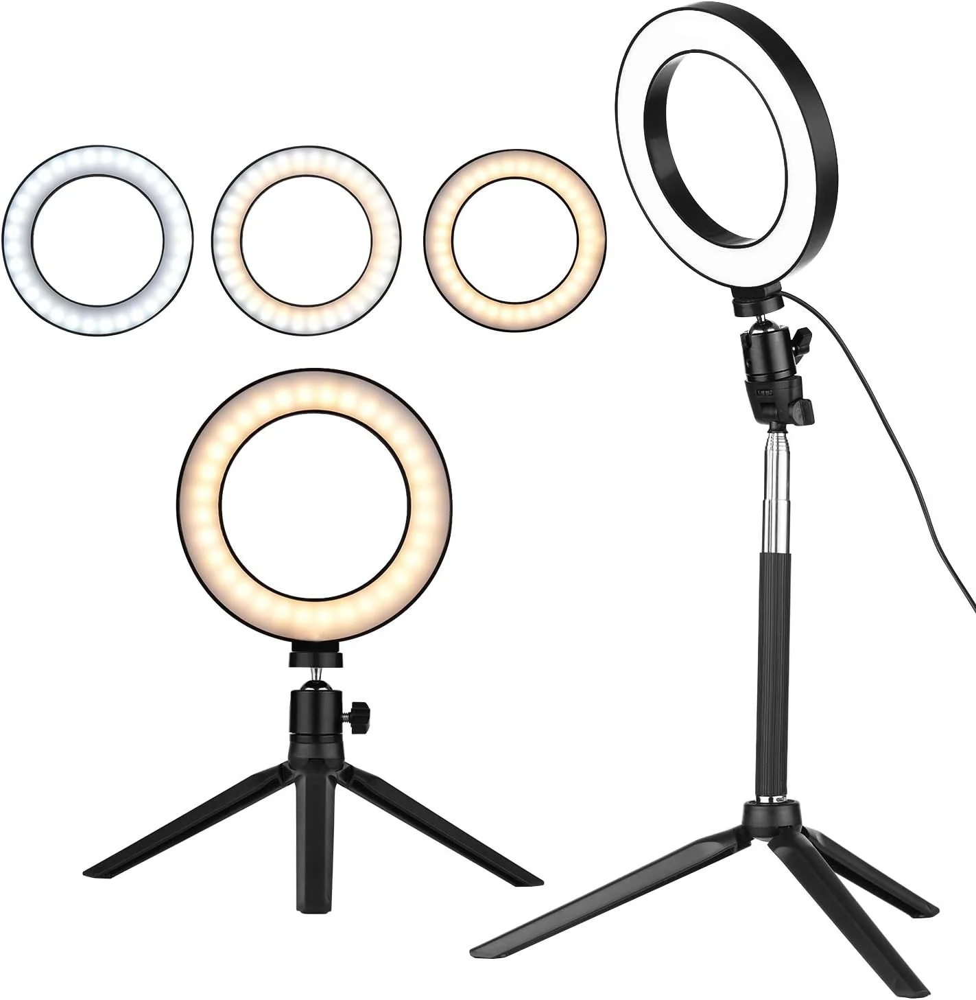 چراغ حلقه ای ال ای دی کوچک 6 اینچی Pepisky، چراغ عکاسی با قابلیت تنظیم نور، 3 حالت نورپردازی، تغذیه از طریق USB با پایه و سه پایه رومیزی کوچک با سر توپی برای عکاسی سلفی