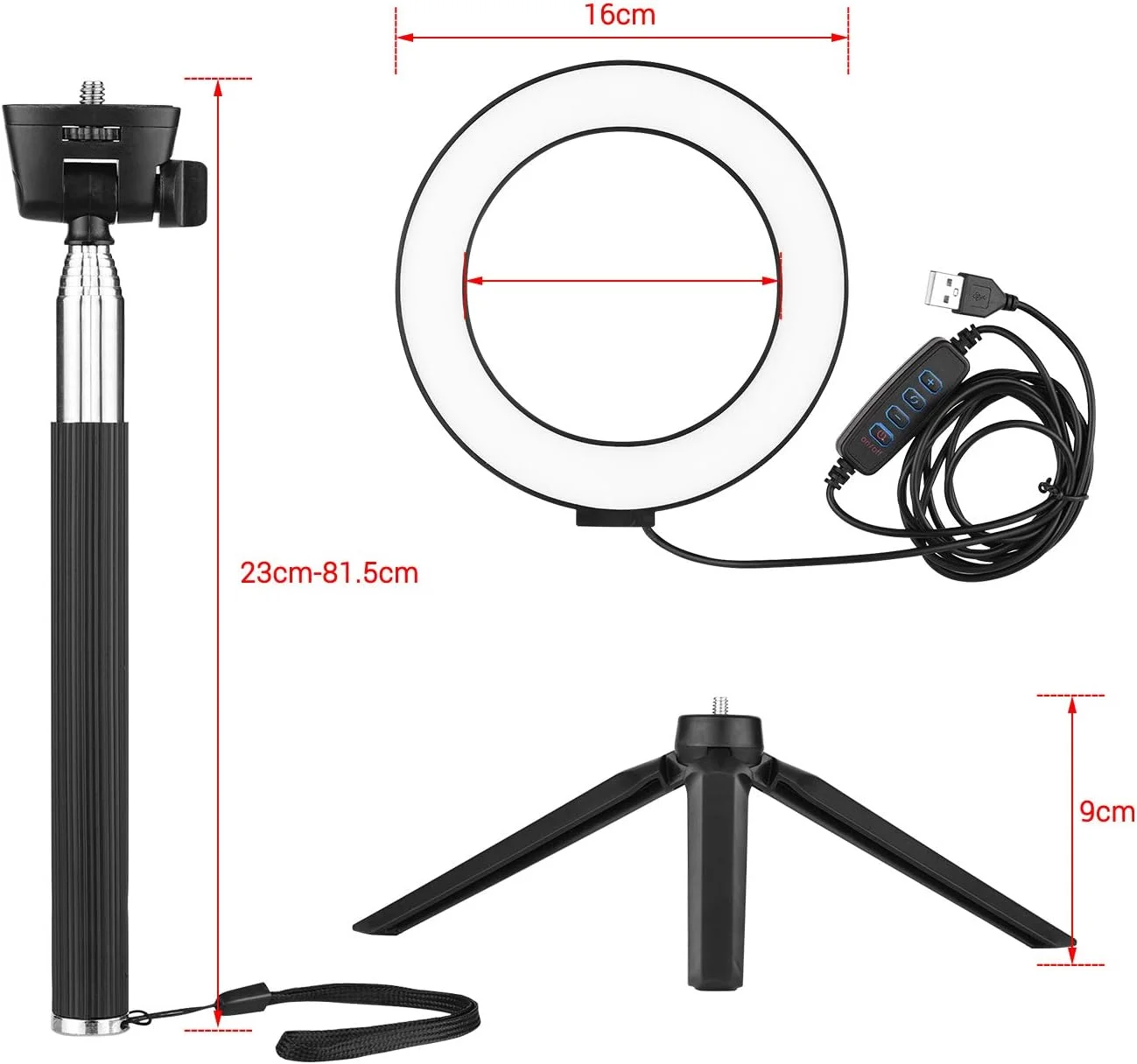 چراغ حلقه ای ال ای دی کوچک 6 اینچی Pepisky، چراغ عکاسی با قابلیت تنظیم نور، 3 حالت نورپردازی، تغذیه از طریق USB با پایه و سه پایه رومیزی کوچک با سر توپی برای عکاسی سلفی