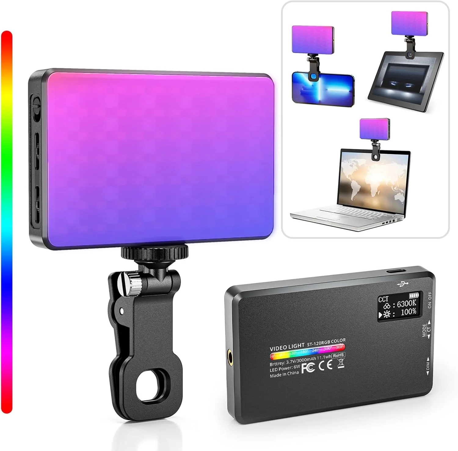 نور ویدئویی جیبی RGB پپیسکی ST-120RGB، نور پرکننده تلفن همراه گیره دار، نور ویدئویی LED کنفرانس ویدیویی تبلت کامپیوتر 2500K-9000K با قابلیت تنظیم نور و 20 جلوه نورپردازی صحنه برای جلسه آنلاین زنده