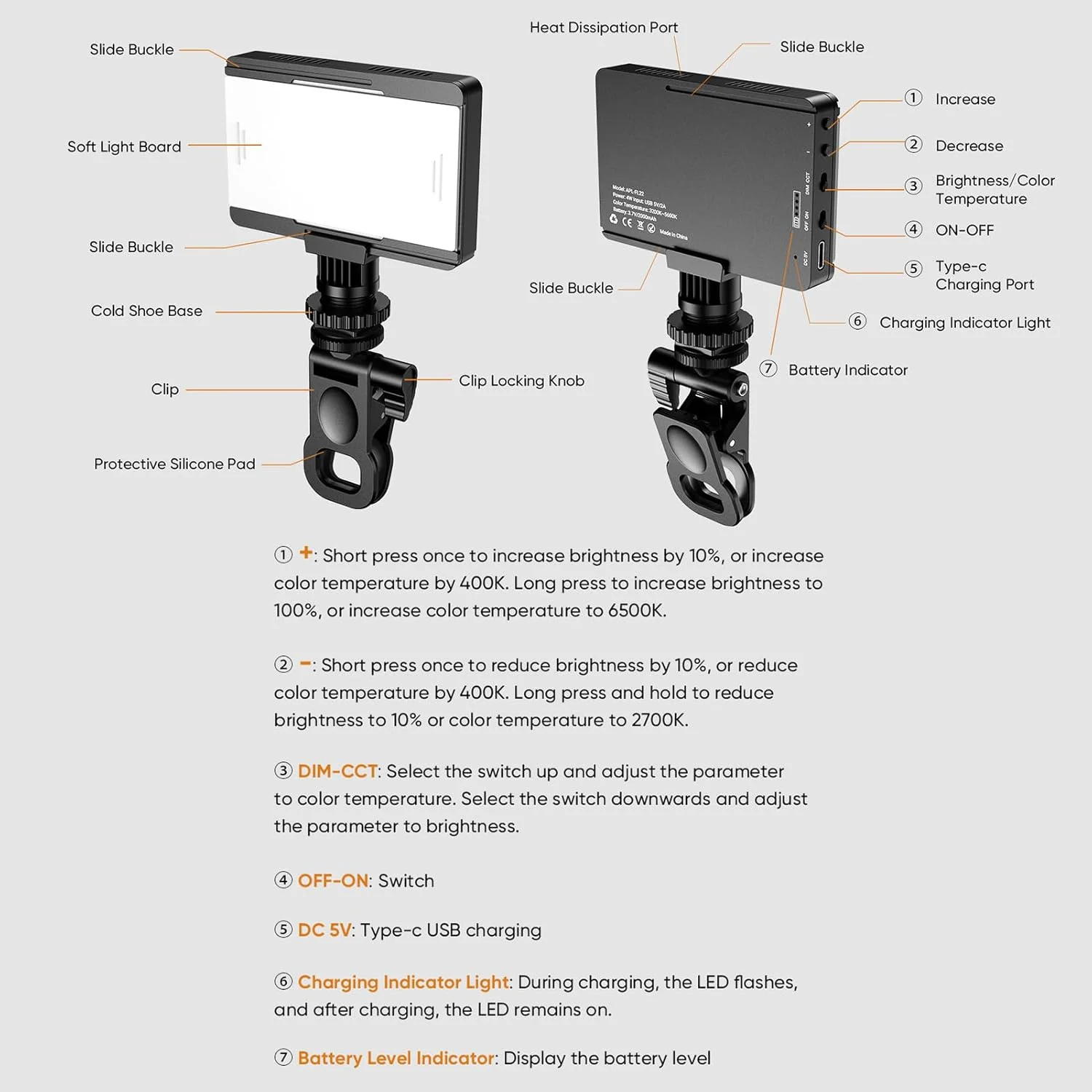 چراغ LED کوچک عکاسی Pepisky با نور قابل تنظیم، چراغ قابل حمل برای ولاگ با حالت های نور سه رنگ، 40 مهره LED، دمای رنگ 2700K-6500K با گیره تلفن و پایه کفشک سرد برای پخش زنده