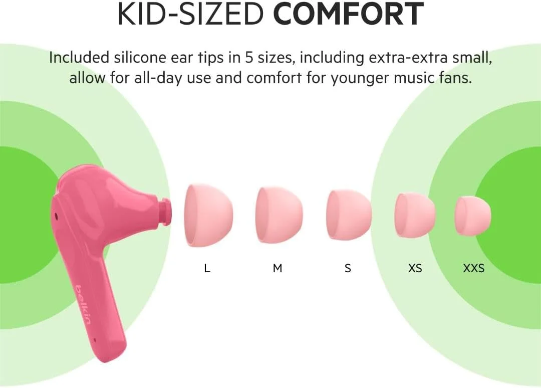 هدفون بی‌سیم کودکانه بلکین Soundform Nano، مناسب برای یادگیری آنلاین، مدرسه، مسافرت، سازگار با لپ‌تاپ، مک‌بوک، آیفون، آیپد، گلکسی، تبلت و غیره - صورتی، قابل تنظیم