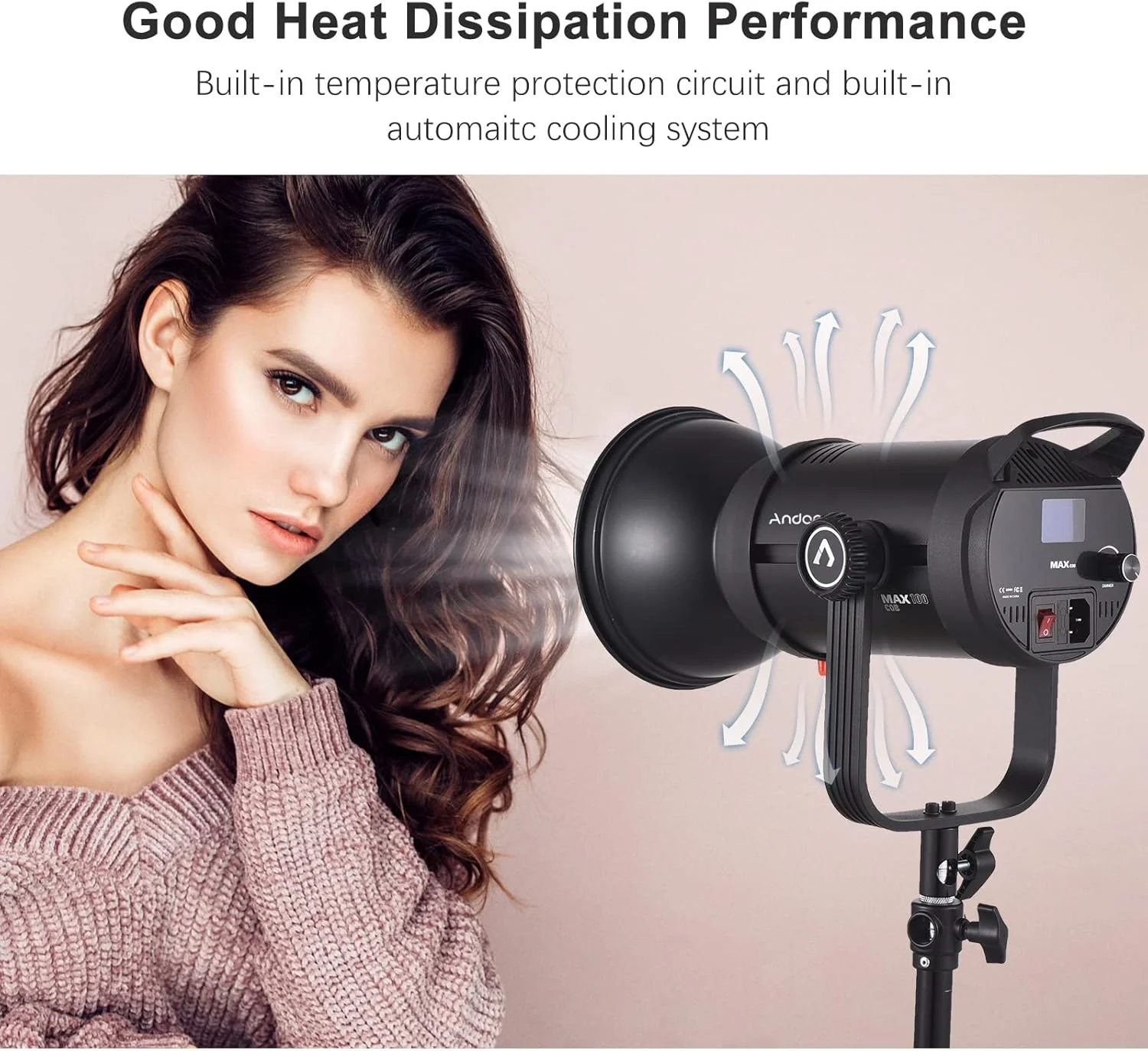 نور ویدئویی ال ای دی 100 وات COB مدل MAX 100، مناسب استودیو، عکاسی، نورپردازی مداوم 5600K، با قابلیت تنظیم نور، CRI97 TLCI98 به همراه رفلکتور استاندارد و کنترل از راه دور، مناسب برای پرتره، محصول و مراسم عروسی