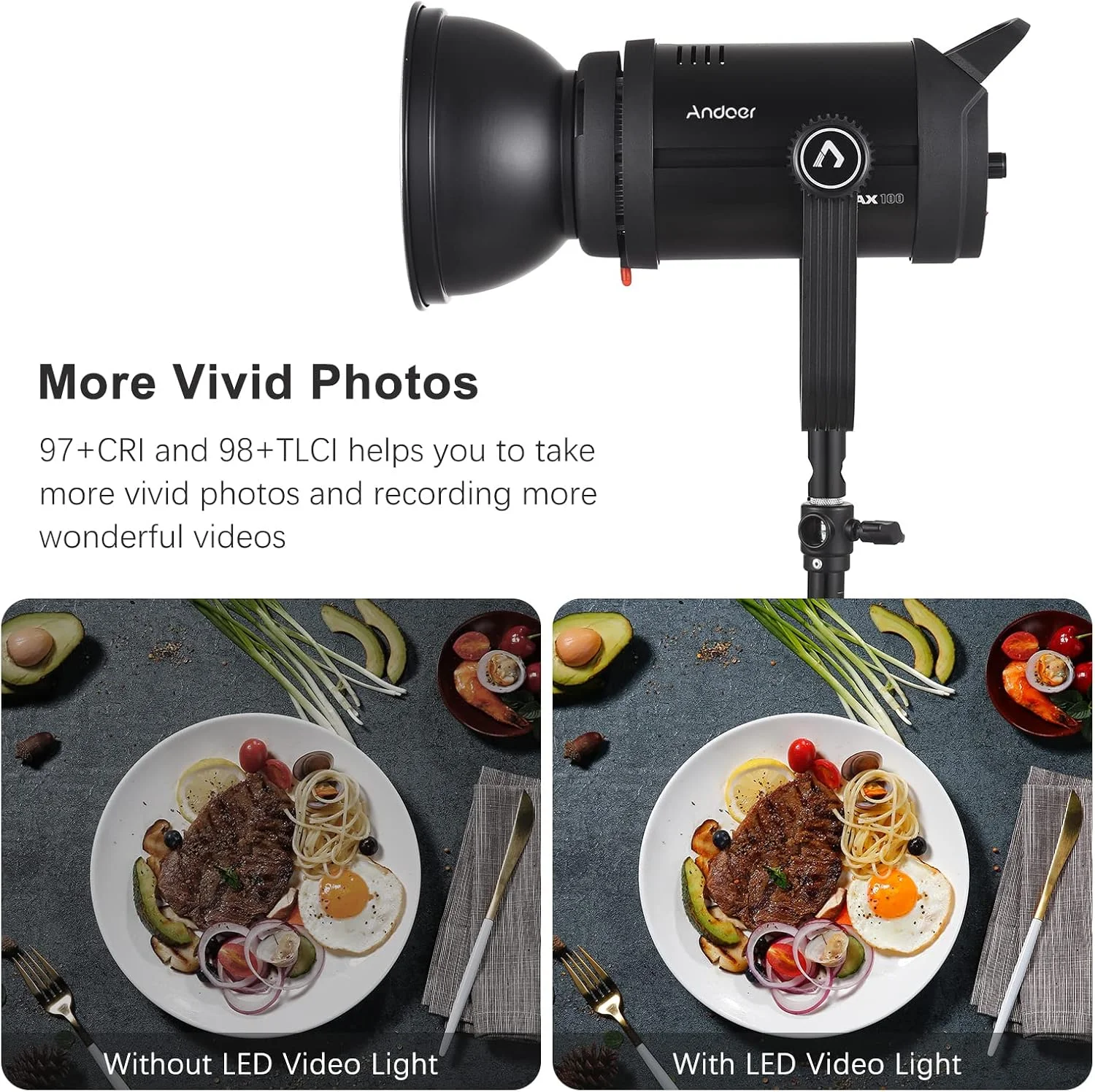 نور ویدئویی ال ای دی 100 وات COB مدل MAX 100، مناسب استودیو، عکاسی، نورپردازی مداوم 5600K، با قابلیت تنظیم نور، CRI97 TLCI98 به همراه رفلکتور استاندارد و کنترل از راه دور، مناسب برای پرتره، محصول و مراسم عروسی