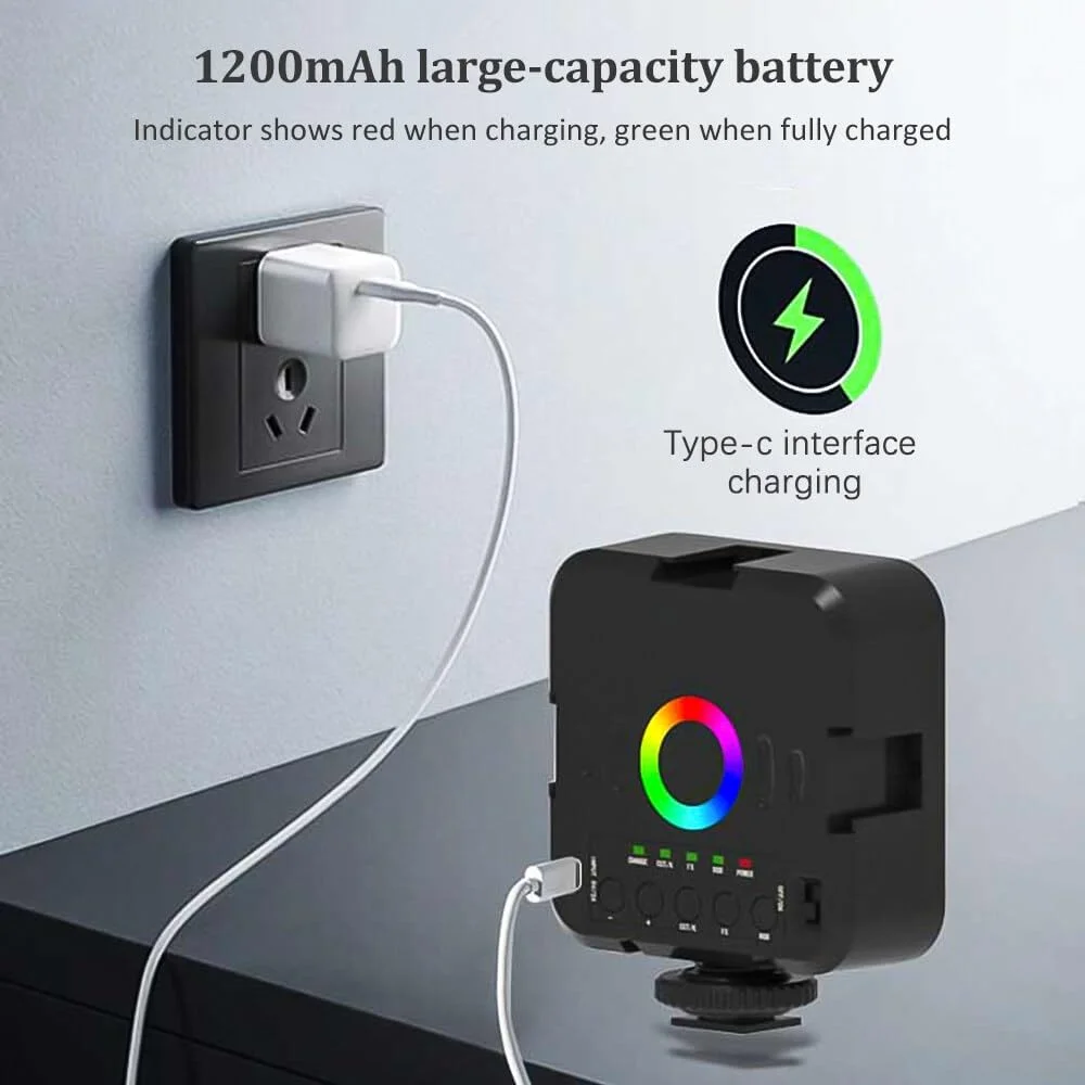 چراغ عکاسی مینی RGB، نور LED قابل تنظیم، چراغ قابل حمل برای ولاگ با باتری 1200mAh، درگاه شارژ USB، 3 کفشک سرد، 70 مهره LED، دمای رنگ 3000K-9000K