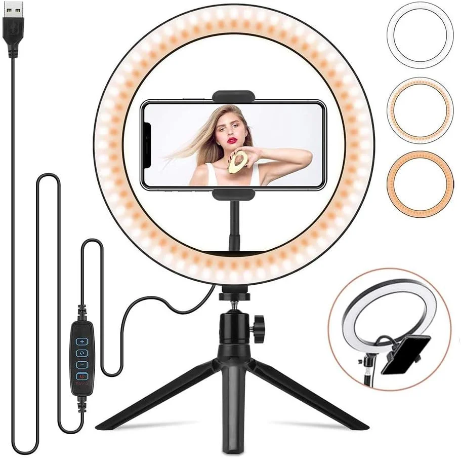 نور حلقه ای ال ای دی 10 اینچی، چراغ پرکننده، لامپ زیبایی، سلفی، ویدیو، پخش زنده، آرایش، عکاسی، رابط USB، روشنایی قابل تنظیم، چراغ های ویدیویی دیمر شونده با پایه
