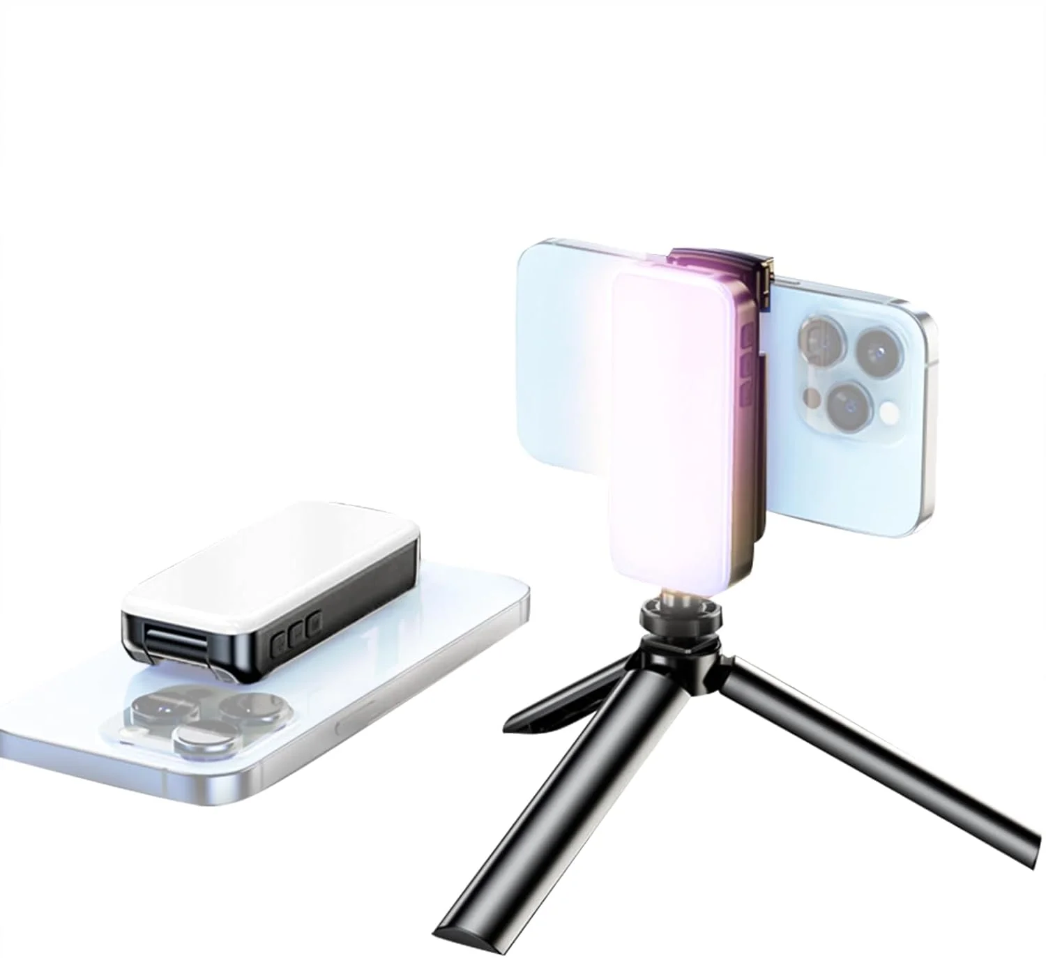 چراغ های عکاسی، چراغ LED کوچک قابل تنظیم نور، چراغ قابل حمل برای ولاگ با حالت های نور سه رنگ، باتری 2000 میلی آمپر ساعتی، پورت شارژ USB، گیره تاشو تلفن، 53 مهره LED، دمای رنگ 2500K-9000K