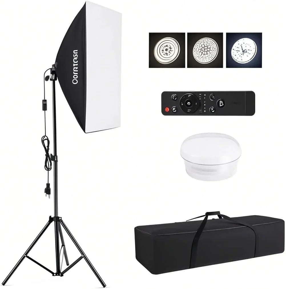کیت نورپردازی استودیویی با ال ای دی 85 واتی با دمای رنگی دوگانه، سافت باکس 50x70 سانتی متری، پایه 2 متری، کنترل از راه دور و کیف حمل
