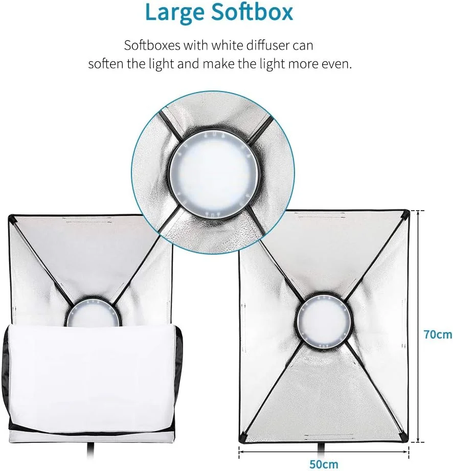 کیت نورپردازی سافت باکس LED برای عکاسی استودیویی با نورهای 45 واتی دو رنگ با دمای 2700K و 5500K، نورهای دیمر پذیر، سافت باکس های 20 در 28 اینچ، پایه های 2 متری، بازوی بوم و کیف حمل، 3 بسته