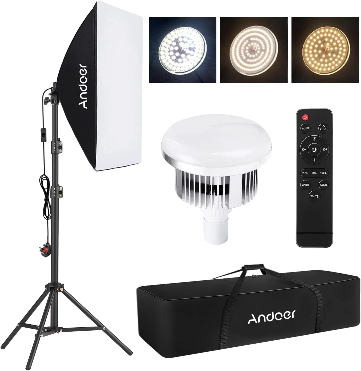 کیت نورپردازی استودیویی سافت باکس با ال ای دی 85 واتی دو رنگ با دمای 2800K تا 5700K، ابعاد 50x70 سانتی متر، 2 پایه 1 متری، کنترل از راه دور و کیف حمل