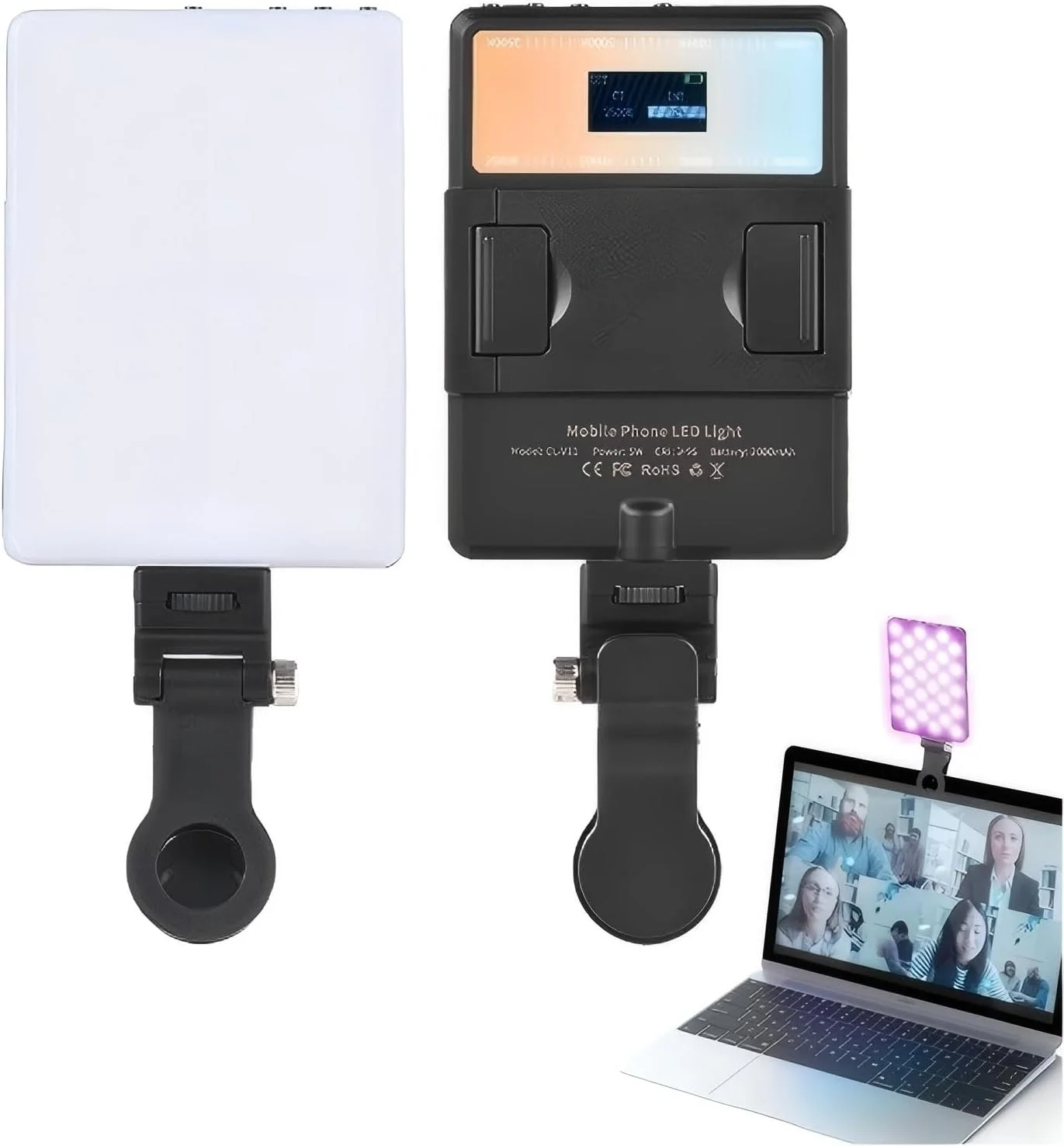 نور سلفی LED تلفن همراه با گیره تلفن جلو و عقب، نور سلفی LED برای عکاسی، پخش زنده، سلفی و تولید ویدیو، چراغ دوربین LED کوچک با صفحه نمایش LCD، حمل آسان