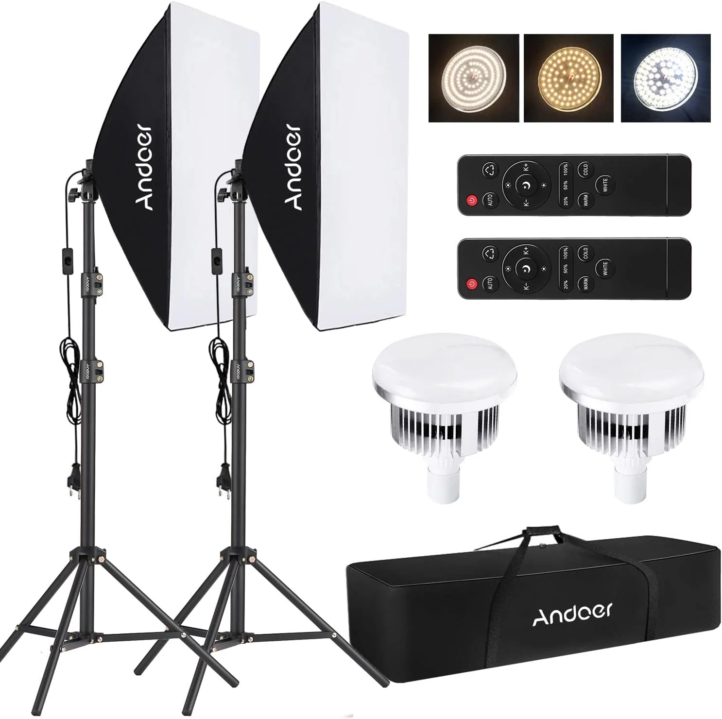 کیت نورپردازی استودیویی سافت باکس با لامپ ال ای دی 85 وات دو رنگ با دمای 2800K تا 5700K، 2 عدد سافت باکس 50x70 سانتی متر، 2 عدد پایه 1 متری، کنترل از راه دور و کیف حمل