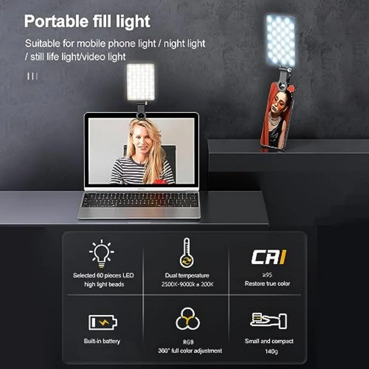 نور سلفی LED تلفن همراه با گیره تلفن جلو و عقب، نور سلفی LED برای عکاسی، پخش زنده، سلفی و تولید ویدیو، چراغ دوربین LED کوچک با صفحه نمایش LCD، حمل آسان