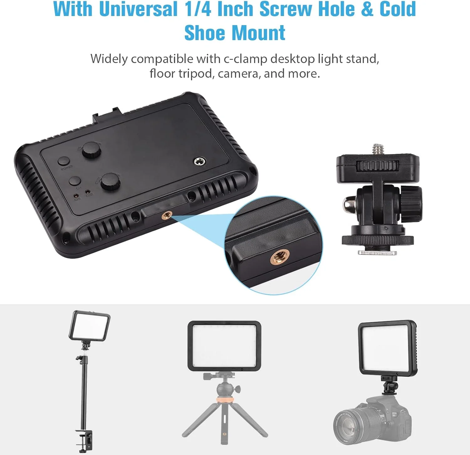 کیت نور ویدئویی 22 وات با پایه گیره C، دارای 216 عدد لامپ LED با دمای رنگ دوگانه 3200-5500K، روشنایی قابل تنظیم، سر توپی و کنترل از راه دور برای بازی، ضبط ویدیو و تولید محتوای ویدئویی