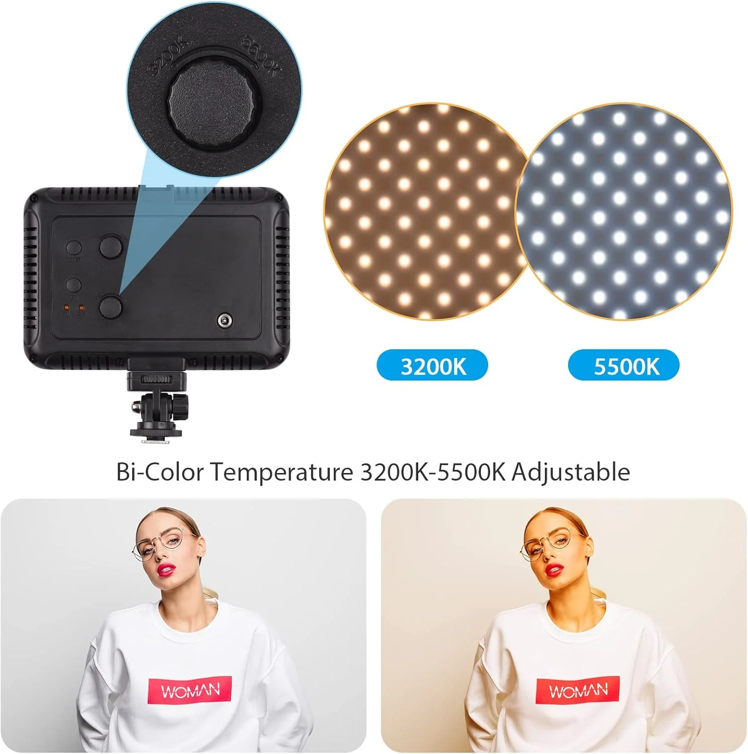 کیت نور ویدئویی 22 واتی با پایه گیره C، دارای 216 عدد لامپ LED با دمای رنگ دوگانه 3200-5500K، روشنایی قابل تنظیم، هد توپی و کنترل از راه دور برای بازی، کنفرانس و پخش زنده