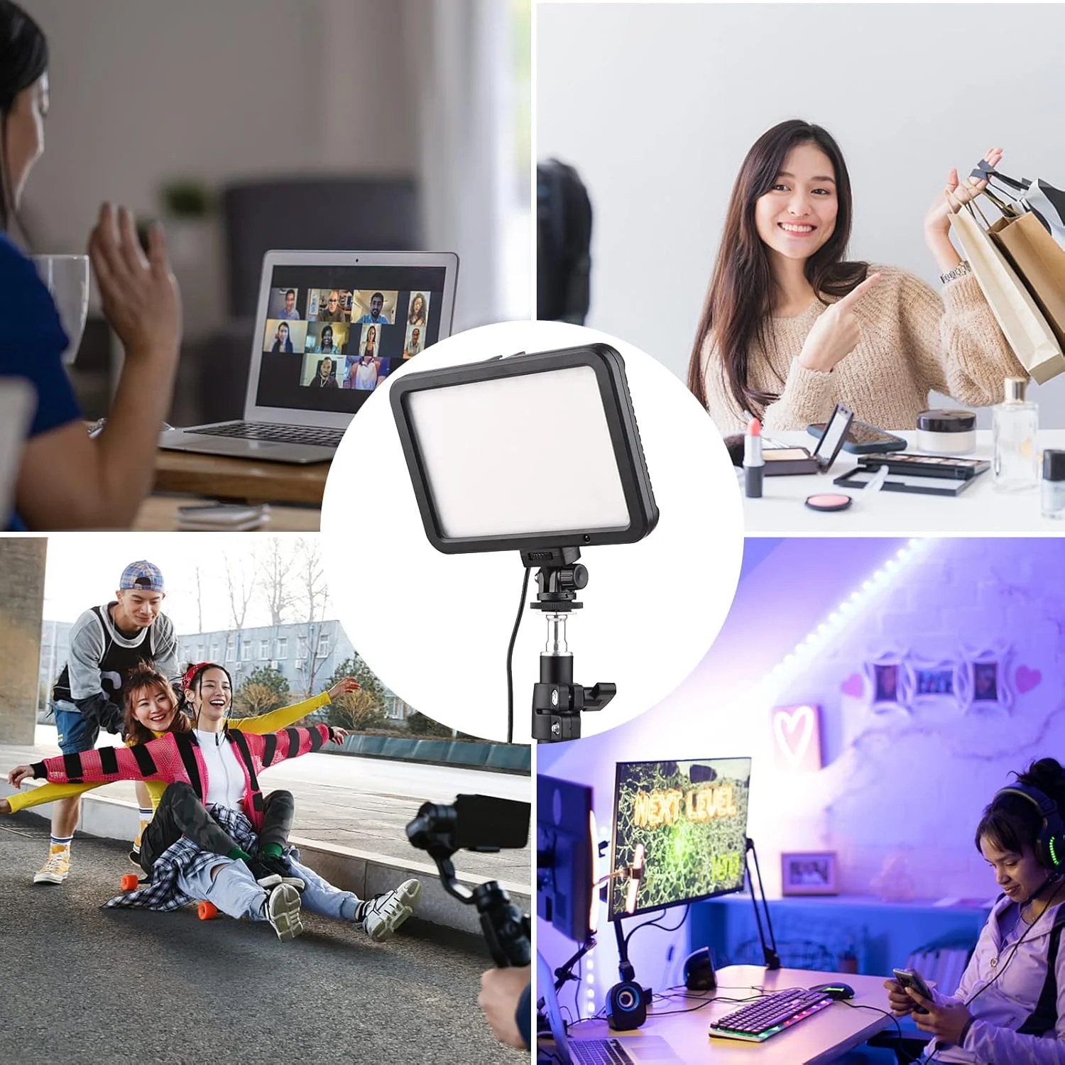 کیت نور ویدئویی 22 واتی با پایه گیره C، دارای 216 عدد لامپ LED با دمای رنگ دوگانه 3200-5500K، روشنایی قابل تنظیم، هد توپی و کنترل از راه دور برای بازی، کنفرانس و پخش زنده