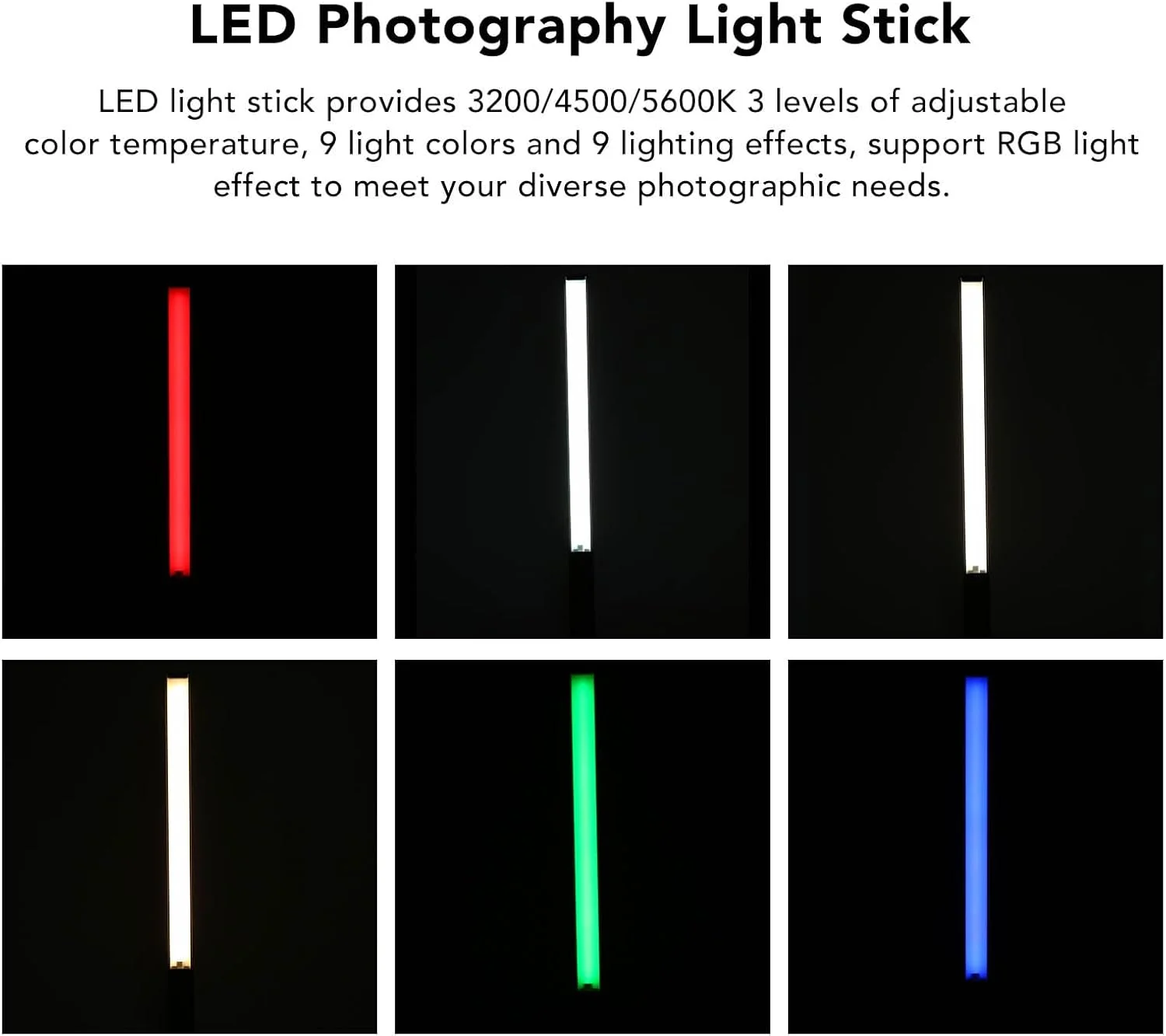 چراغ ال ای دی عکاسی، 3 دمای رنگی 9 رنگ میله نور ال ای دی دستی 10 وات RGB برای نورپردازی عکاسی
