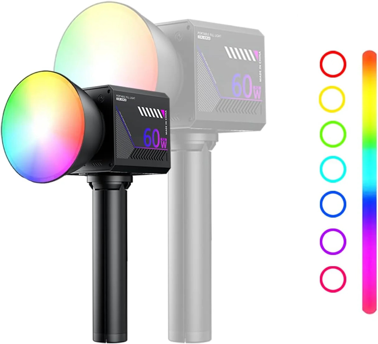 نور ویدئویی ال ای دی RGB قابل حمل 60 واتی، نور پرکننده دستی با 20 صحنه، 27000 لوکس، 2800-7500K، CRI97+، نورپردازی پیوسته COB دیمر پذیر، باتری داخلی و شارژ سریع PD برای ضبط ویدئو، استریمینگ