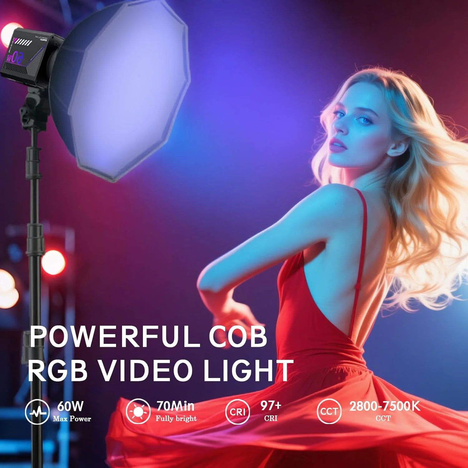 نور ویدئویی ال ای دی RGB قابل حمل 60 واتی، نور پرکننده دستی با 20 صحنه، 27000 لوکس، 2800-7500K، CRI97+، نورپردازی پیوسته COB دیمر پذیر، باتری داخلی و شارژ سریع PD برای ضبط ویدئو، استریمینگ