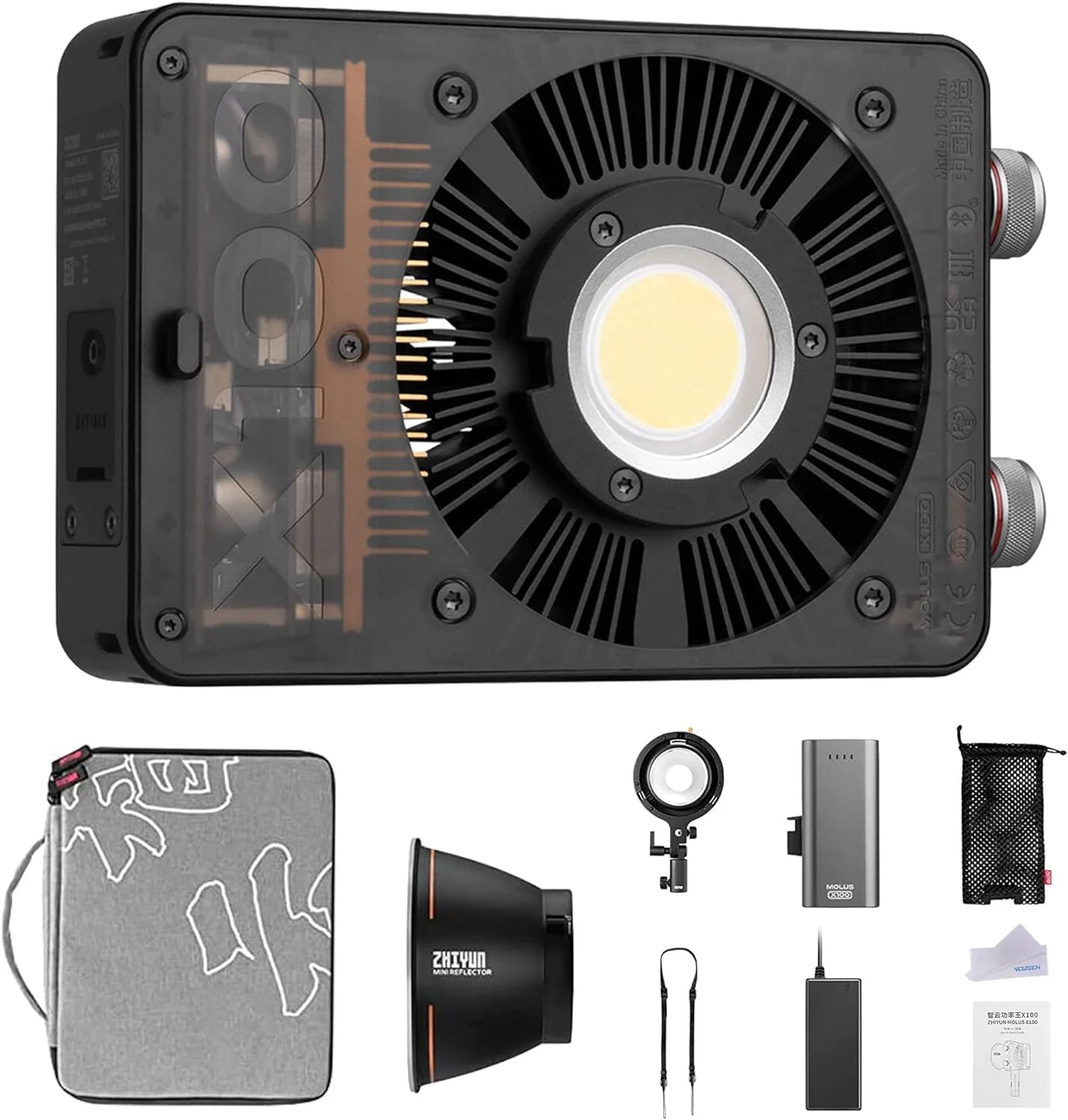 نور ویدئویی LED قابل حمل Zhiyun MOLUS X100 Combo، 100 وات 2700K-6500K CRI 95+ TLCI 97+ با کنترل روشنایی از طریق اپلیکیشن بلوتوث