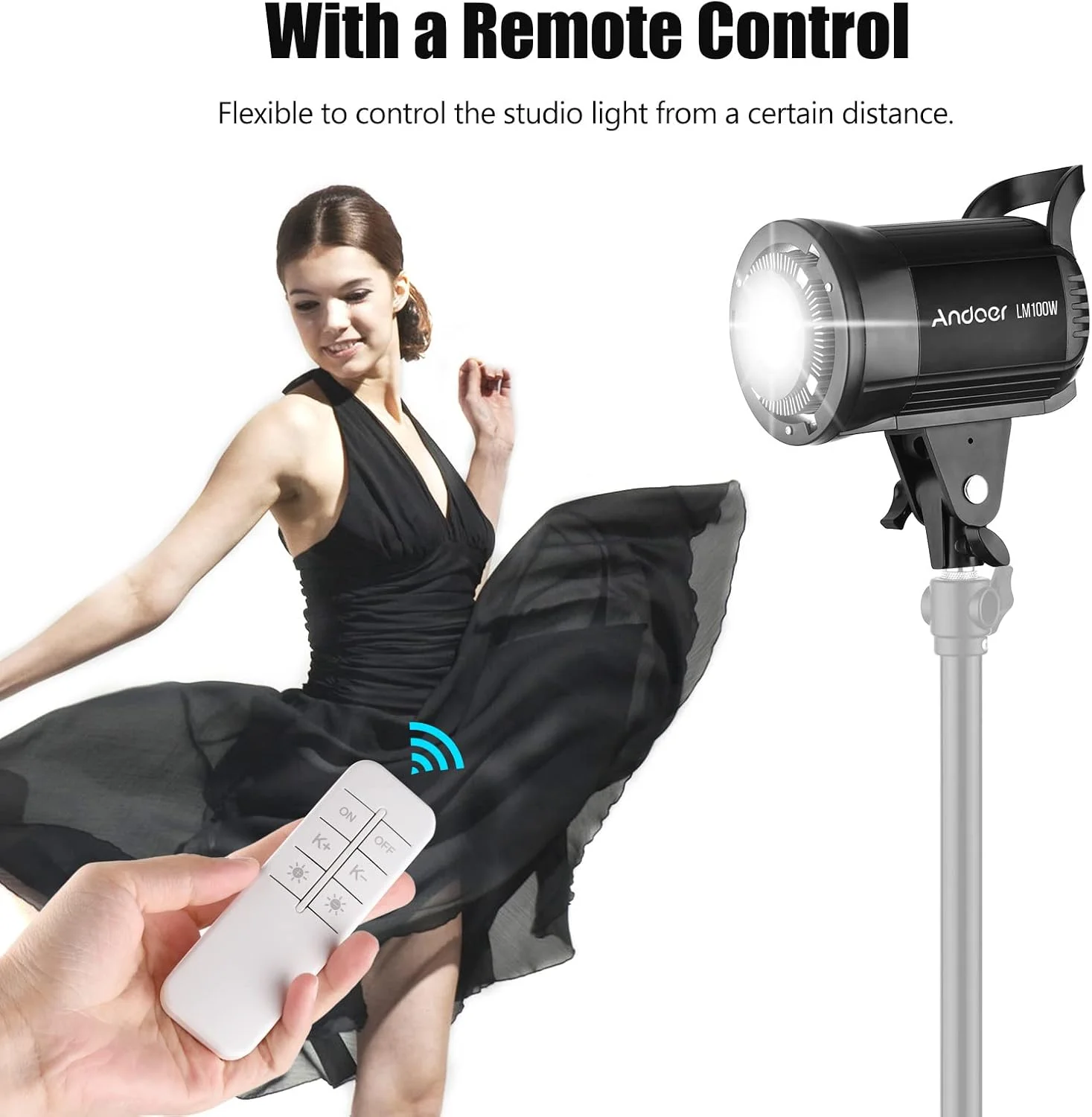 نور ال ای دی قابل حمل LM100W با توان 100 وات، مناسب استودیو و فیلمبرداری، دمای رنگ 5500K، با قابلیت تنظیم نور و مانت بوئنز به همراه ریموت کنترل، مناسب عکاسی از محصول، پرتره، عروسی و پخش زنده