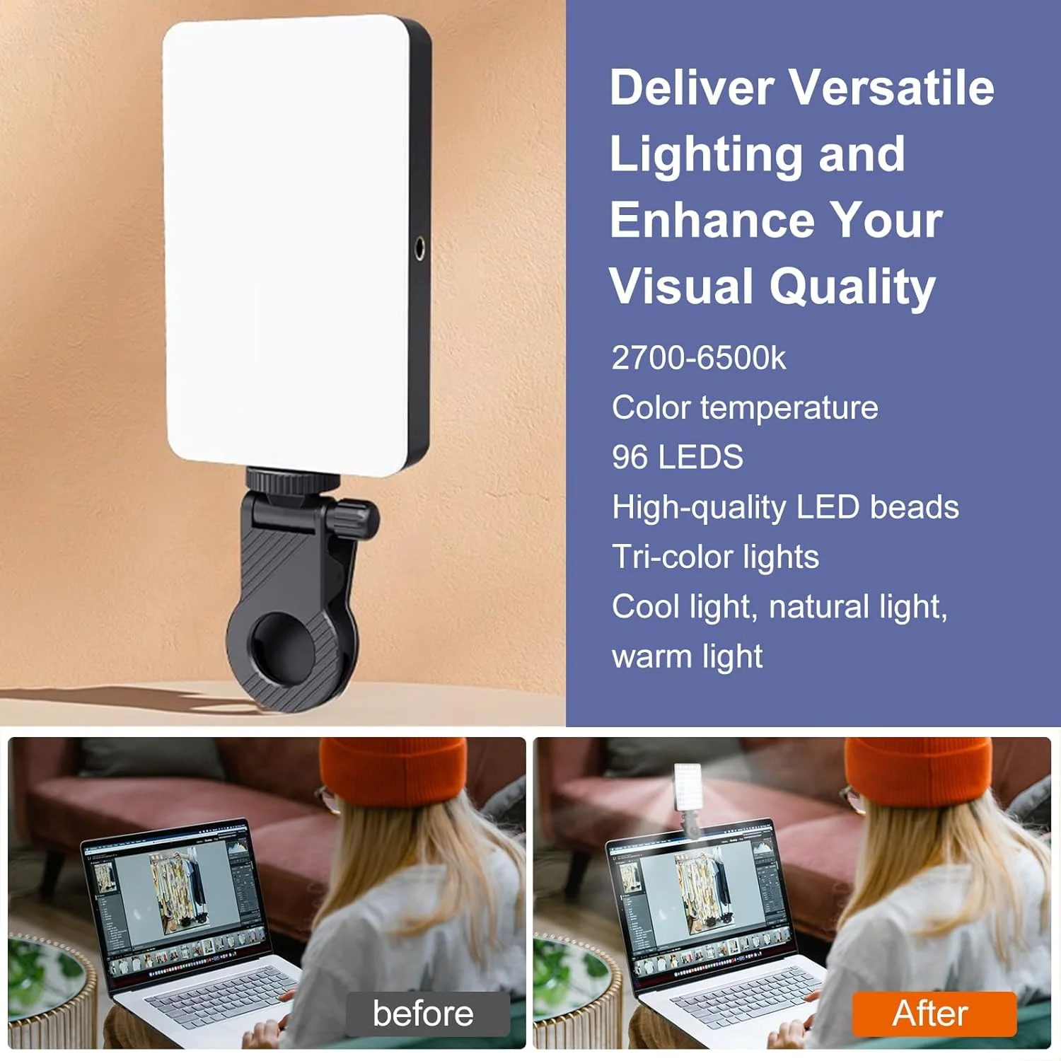 نور سلفی قابل حمل، نور کنفرانس ویدیویی، 72 ال ای دی با گیره، نور ویدیویی ال ای دی کوچک، کم نور شونده، 2700k-6500k، Cri 85+ برای تلفن، لپ تاپ، دوربین، مشکی