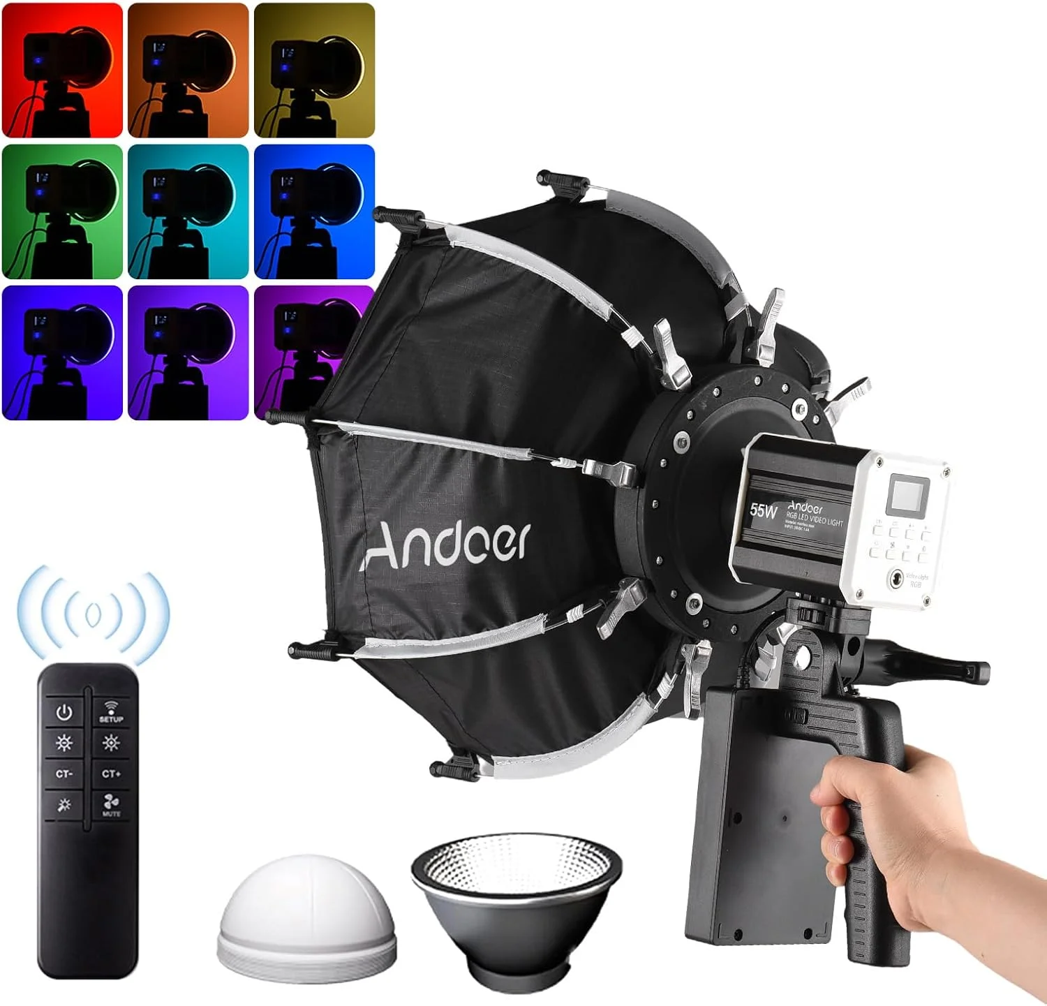 نور ویدئویی RGB COB قابل حمل 55 واتی با دمای رنگی 2800K تا 6800K و قابلیت تنظیم نور، دارای 9 جلوه نوری به همراه سافت باکس هشت ضلعی، دسته، ریموت کنترل برای پخش زنده، استودیوی خانگی، عکاسی پرتره محصول