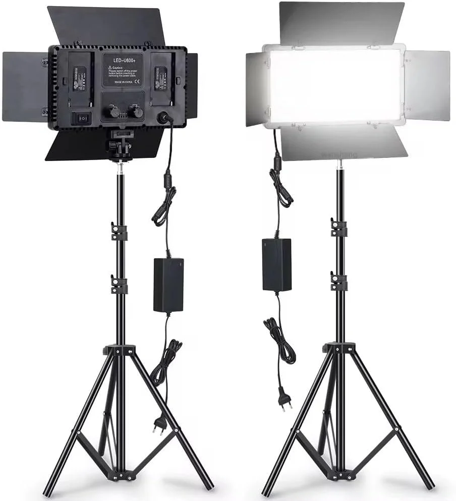 کیت نورپردازی حرفه ای ال ای دی، چراغ های با روشنایی و رنگ قابل تنظیم، فیلترها برای نورپردازی عکاسی استودیویی، نور ویدئویی دوربین، پایه های چراغ بلند قابل شارژ U600