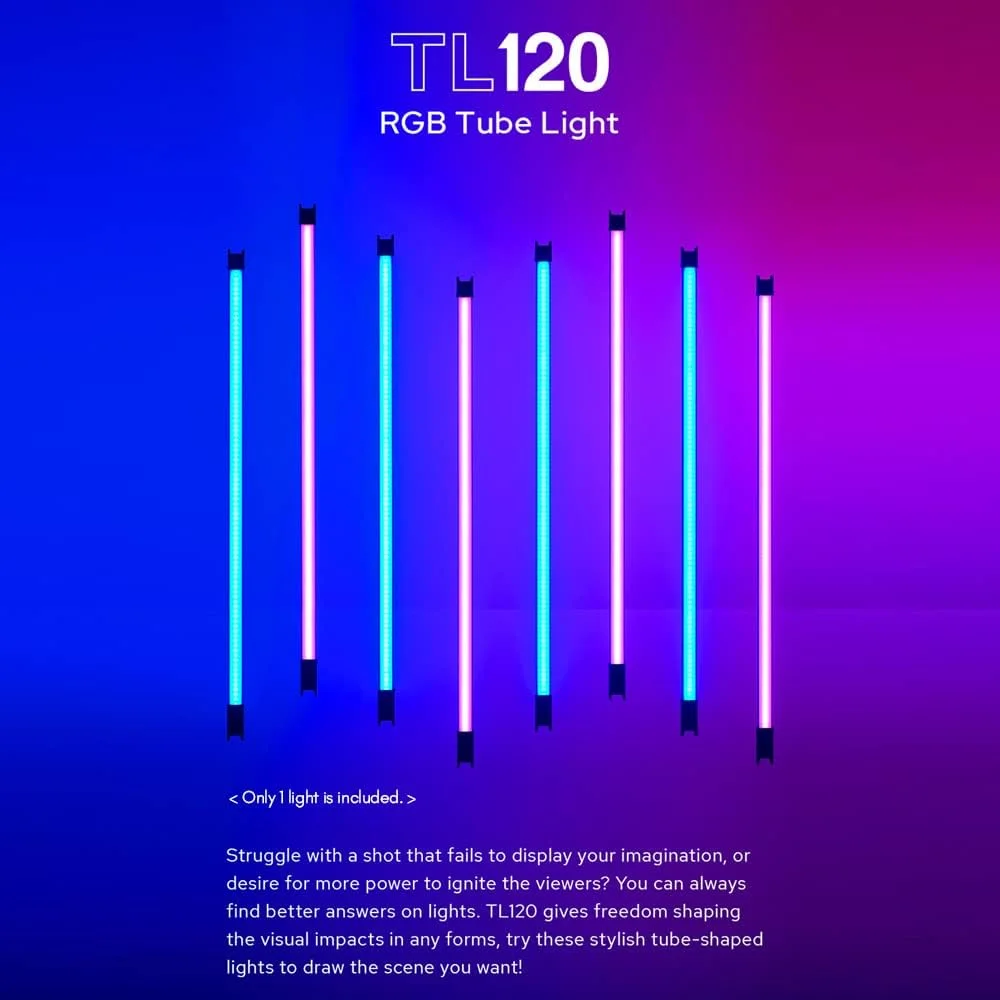 چراغ تیوب RGB، چراغ تیوب LED مدل TL120 حرفه ای با نور ویدیویی RGB تمام رنگی 0-360 درجه، دمای دو رنگ 2700K-6500K با قابلیت تنظیم روشنایی، CRI 96 TLCL 98 با کنترل برنامه تلفن هوشمند و کیف حمل برای پخش زنده