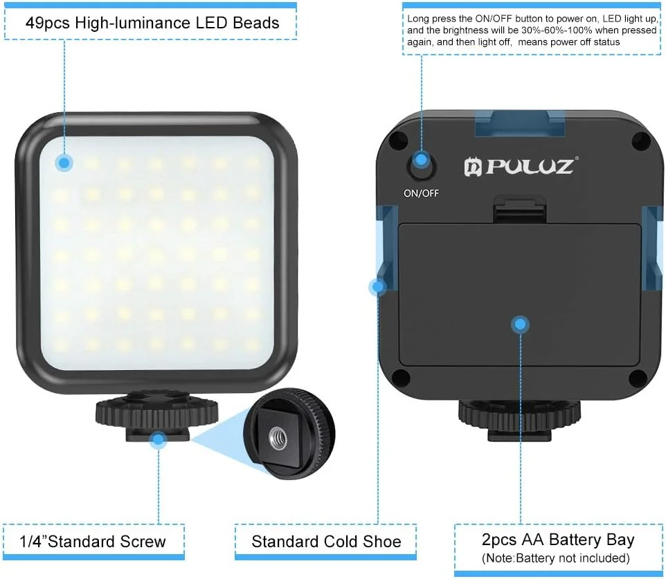 نور ویدئویی دوربین PULUZ با 49 LED، نور پرکننده قابل تنظیم با رزوه 1/4 اینچ، روشنایی قابل تنظیم 30-100٪، برای دوربین/فیلمبرداری، 6500K (باتری شامل نمی شود)