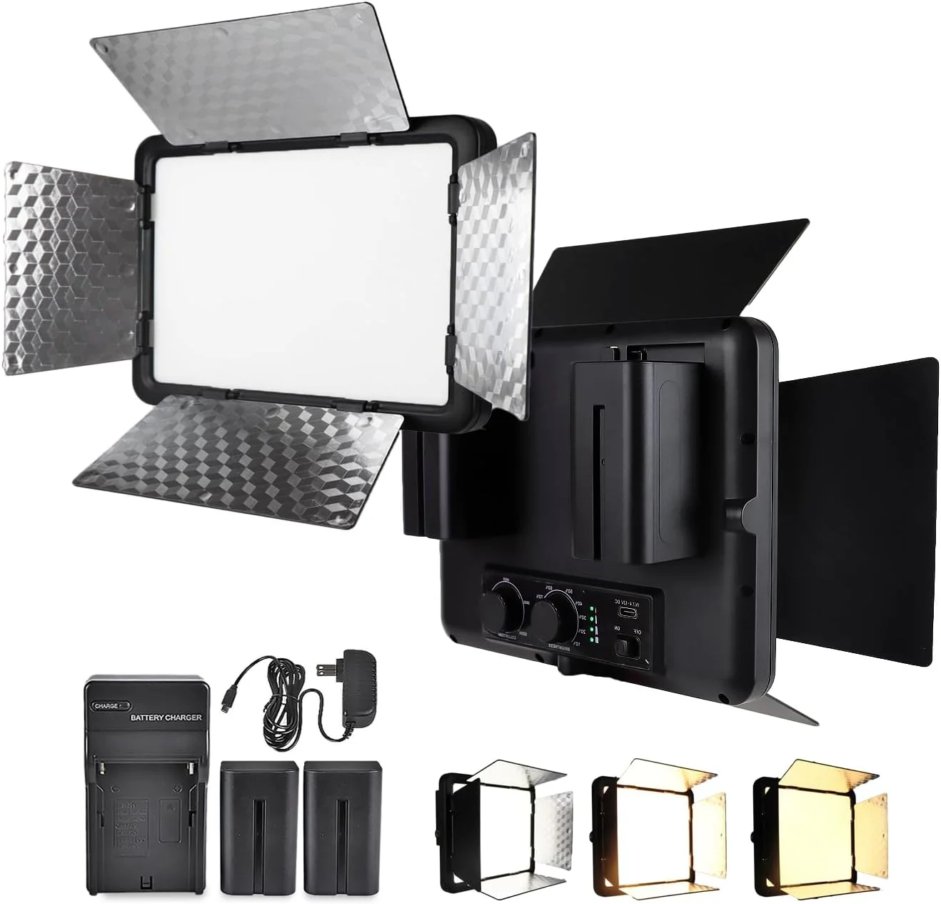 نور ویدئویی ال ای دی با درهای کرکره‌ای، باتری قابل شارژ 4400mAh × 2، نور پنلی قابل تنظیم 3200-6500K CRI 96+ برای عکاسی در فضای باز/پخش زنده/نور پرکننده ضبط داخلی/کنفرانس ویدئویی