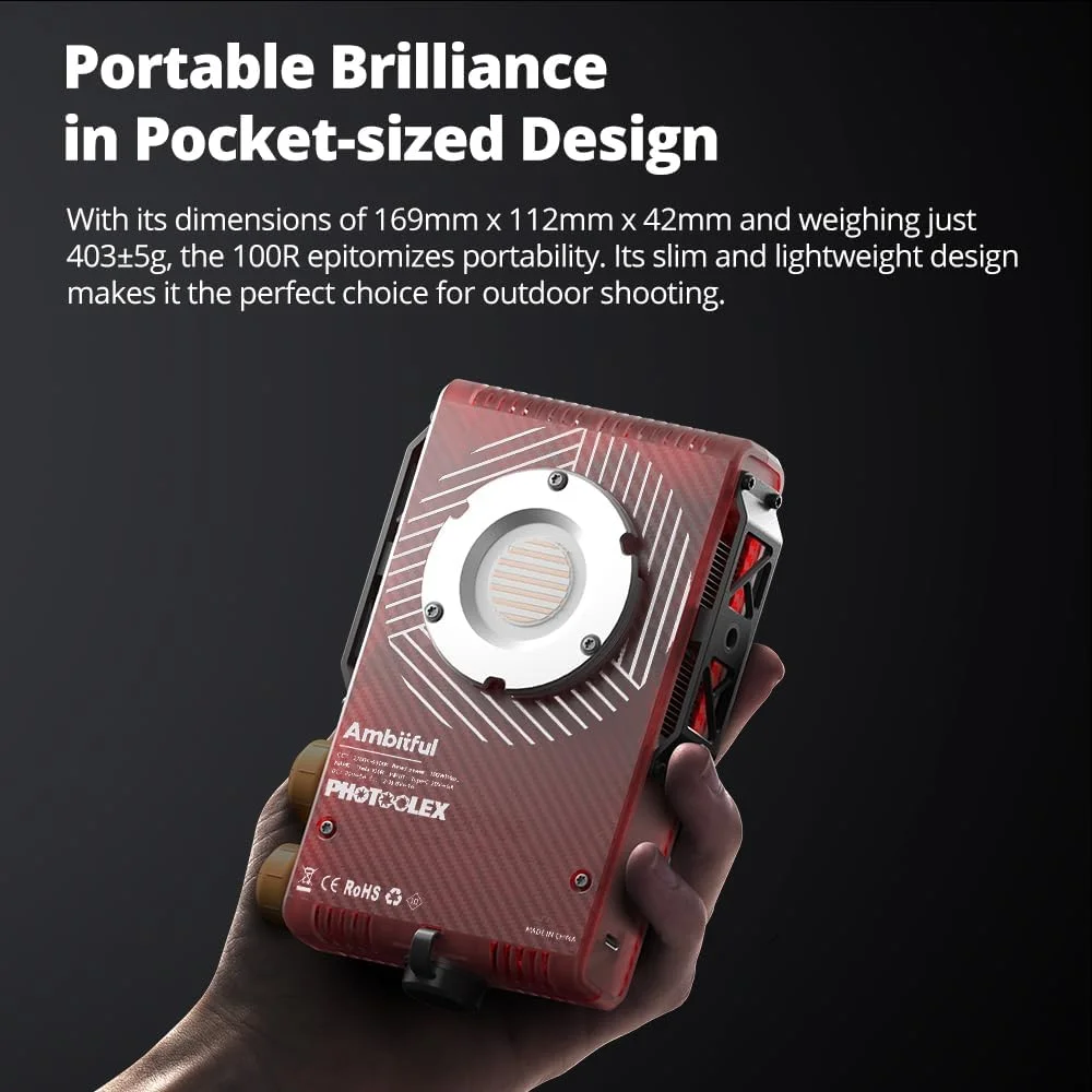 نور ویدئویی LED آمبیتفول Q100Lite Combo 100W، نور قابل حمل COB برای عکاسی دوربین، دو رنگ 2700K-6500K با پاور استیک 5000mAh، کنترل از طریق اپلیکیشن، رفلکتور + دیفیوزر، کیف حمل