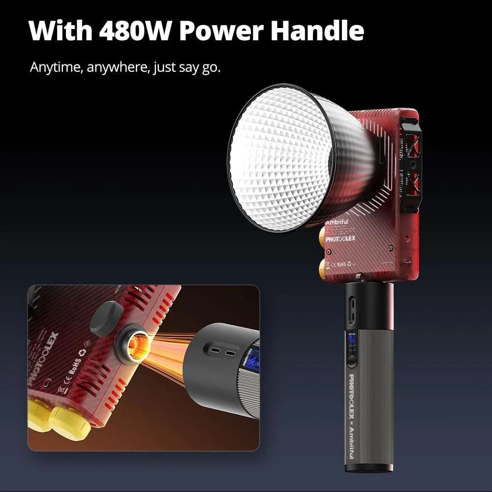 نور ویدئویی LED آمبیتفول Q100Lite Combo 100W، نور قابل حمل COB برای عکاسی دوربین، دو رنگ 2700K-6500K با پاور استیک 5000mAh، کنترل از طریق اپلیکیشن، رفلکتور + دیفیوزر، کیف حمل