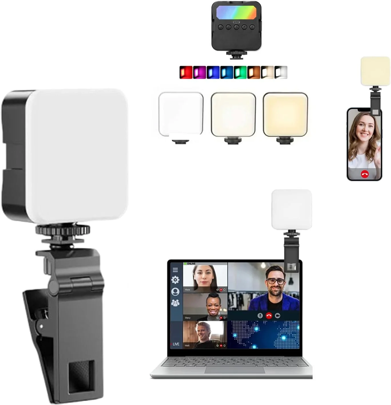 چراغ ویدئویی LED شارژی با گیره – 49 مهره LED، با قابلیت تنظیم نور و دارای 3 پایه کفشک سرد، نورپردازی قابل حمل برای کنفرانس ویدئویی، استریمینگ، دوربین، مونوپاد و تلفن هوشمند